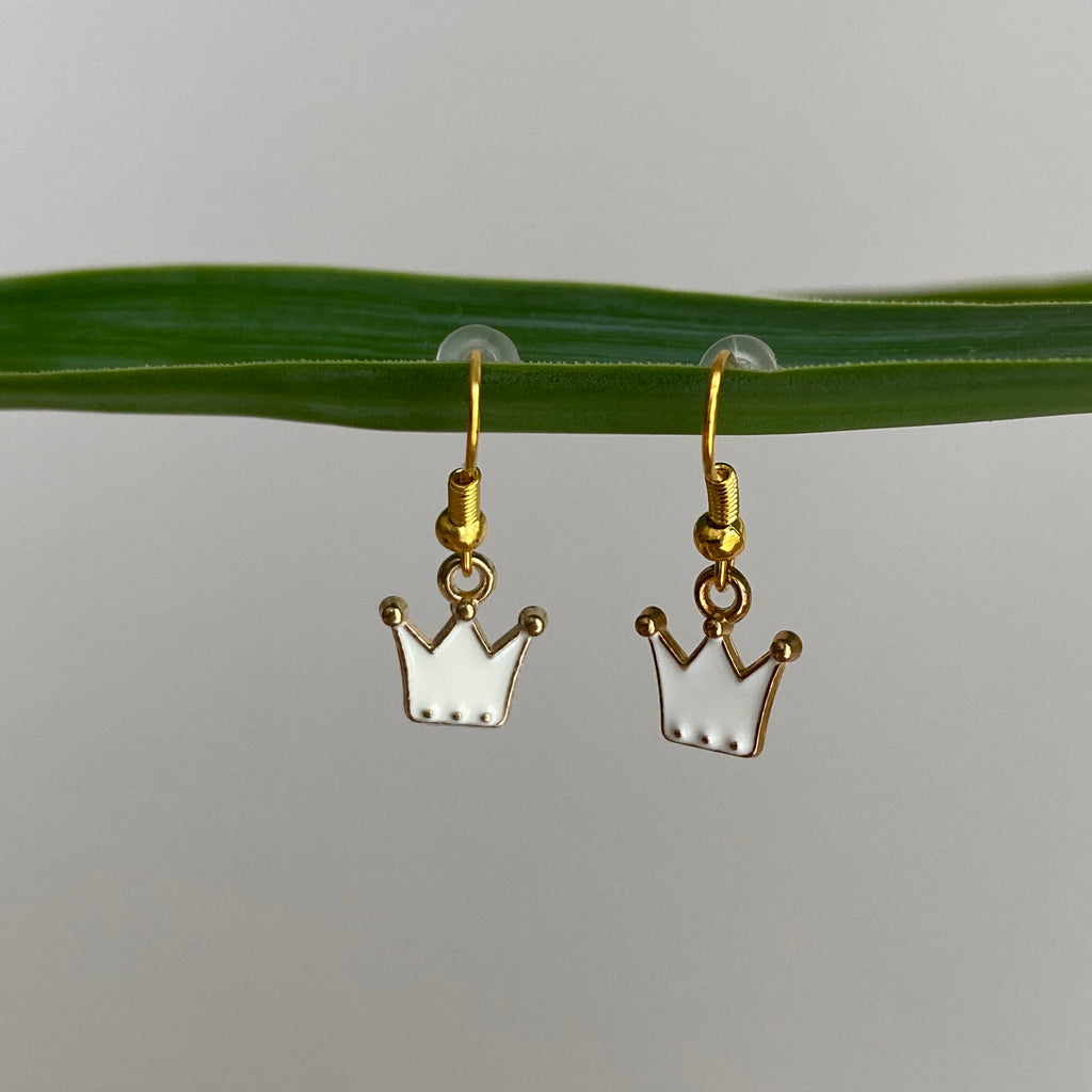 White Royal Crown Dangle Earrings