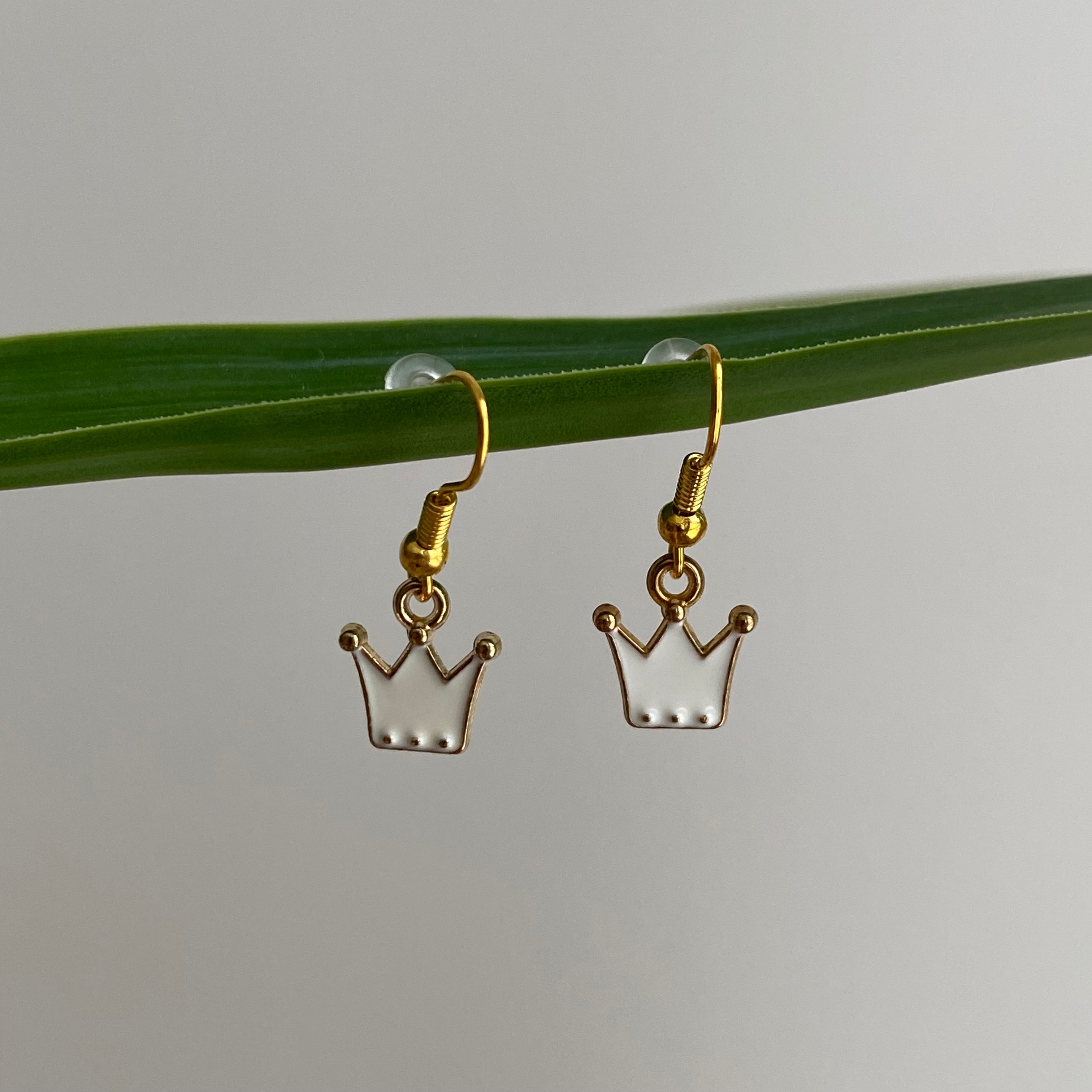 White Royal Crown Dangle Earrings