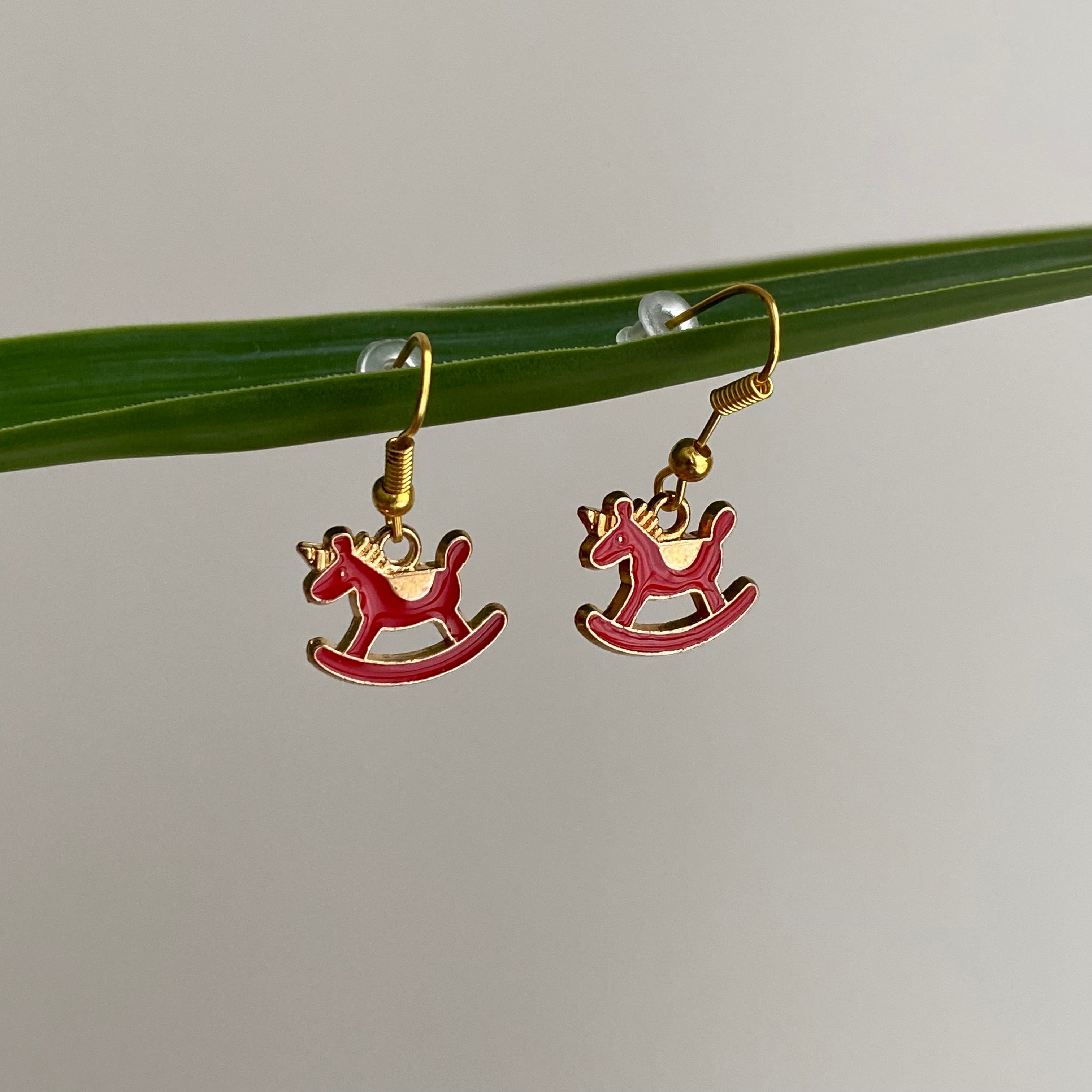 Red Rocking Horse Unicorn Dangle Earrings