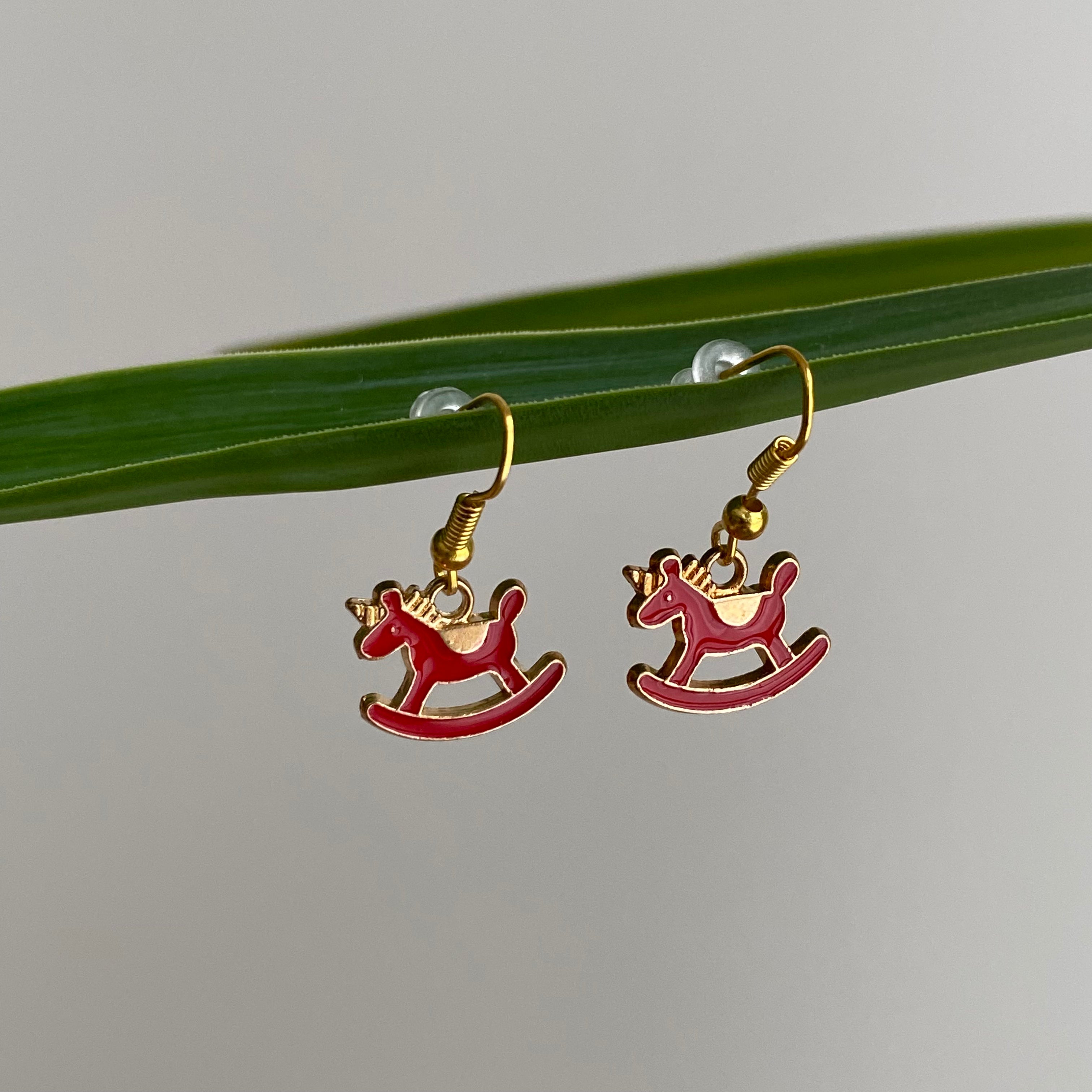 Red Rocking Horse Unicorn Dangle Earrings