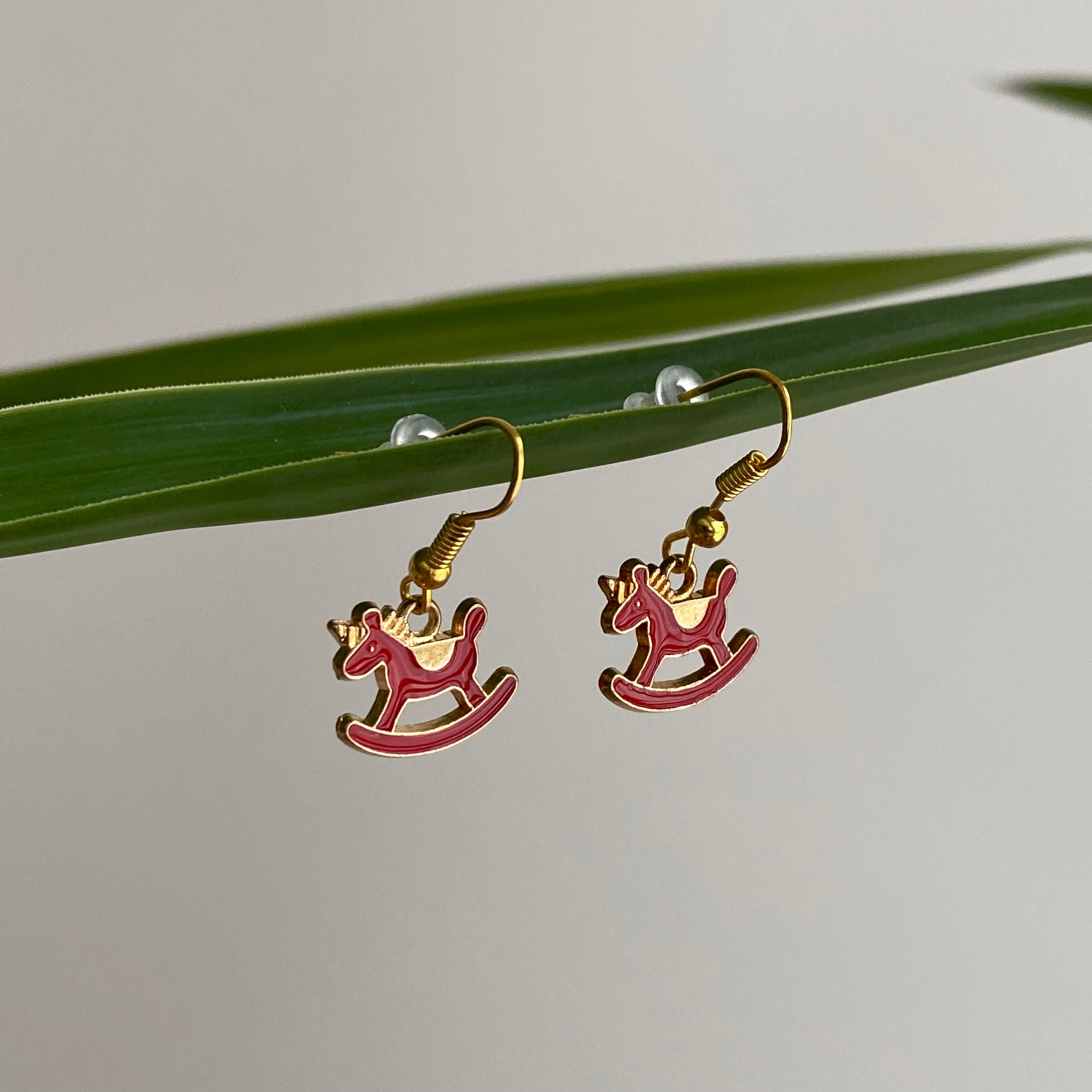 Red Rocking Horse Unicorn Dangle Earrings