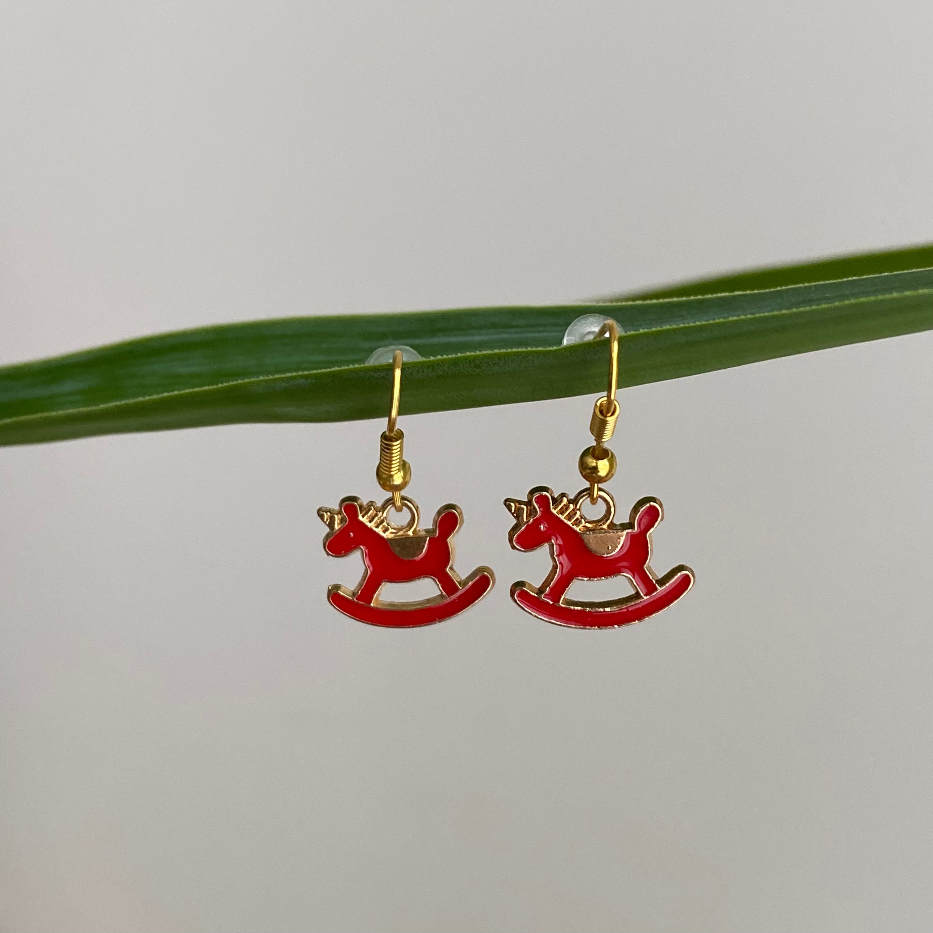 Red Rocking Horse Unicorn Dangle Earrings