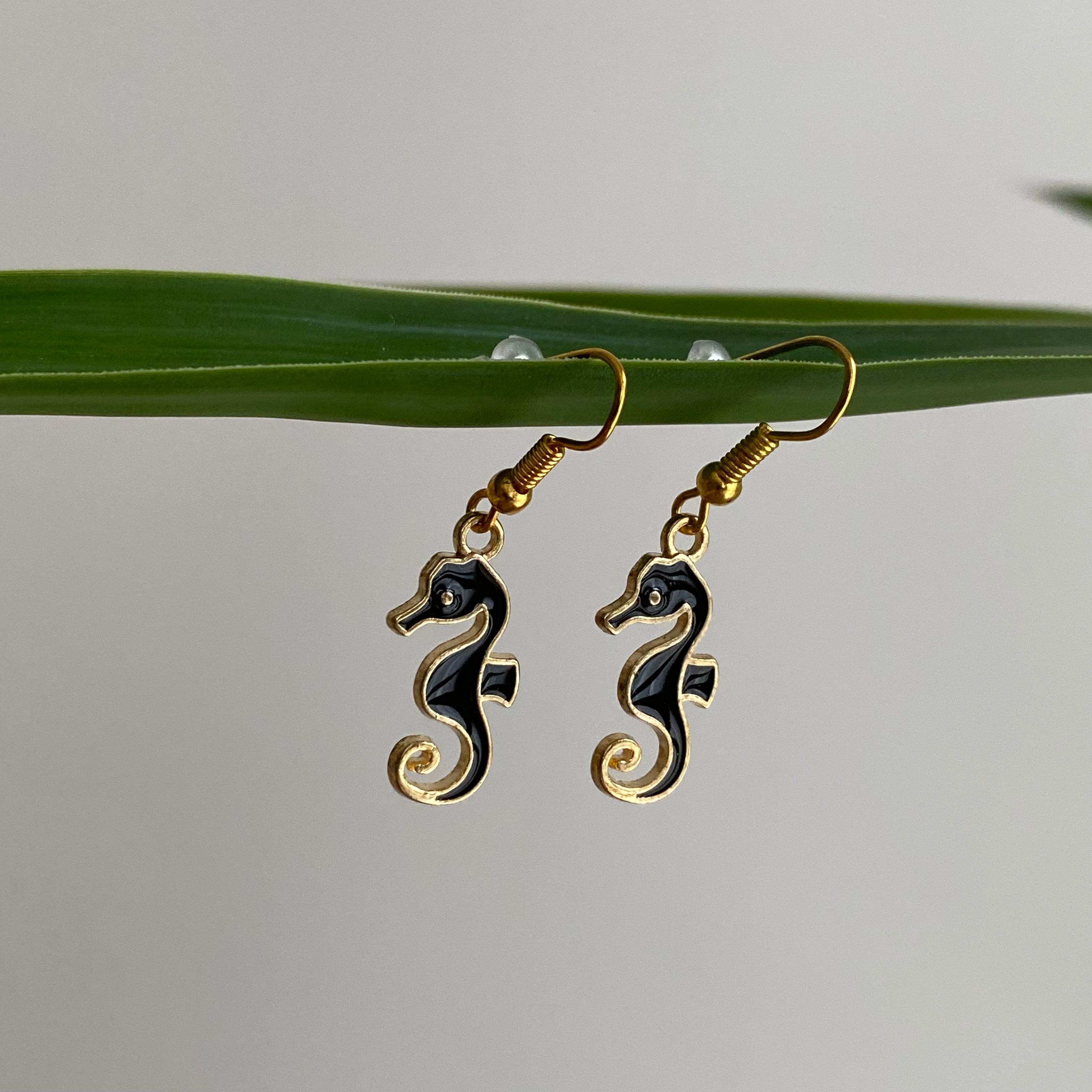 Black Seahorse Dangle Earrings