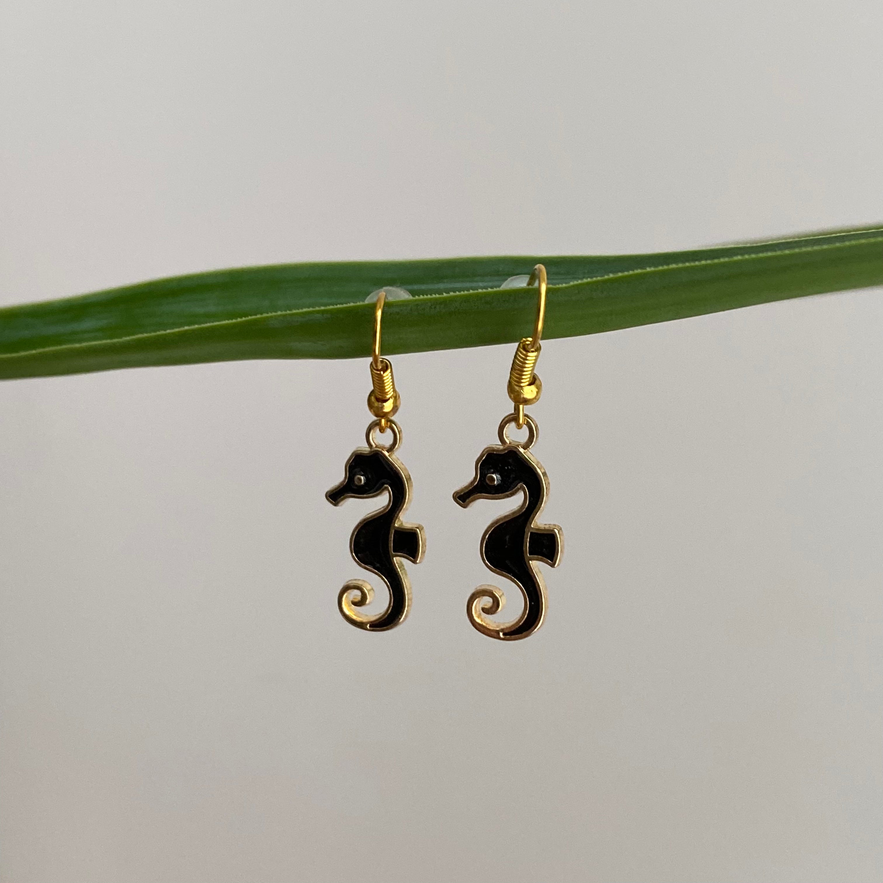 Black Seahorse Dangle Earrings