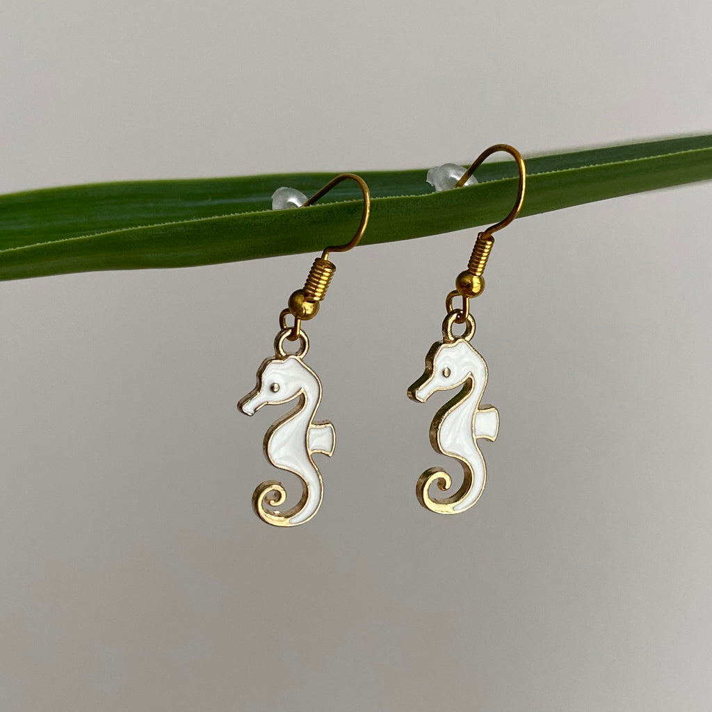 White Seahorse Dangle Earrings