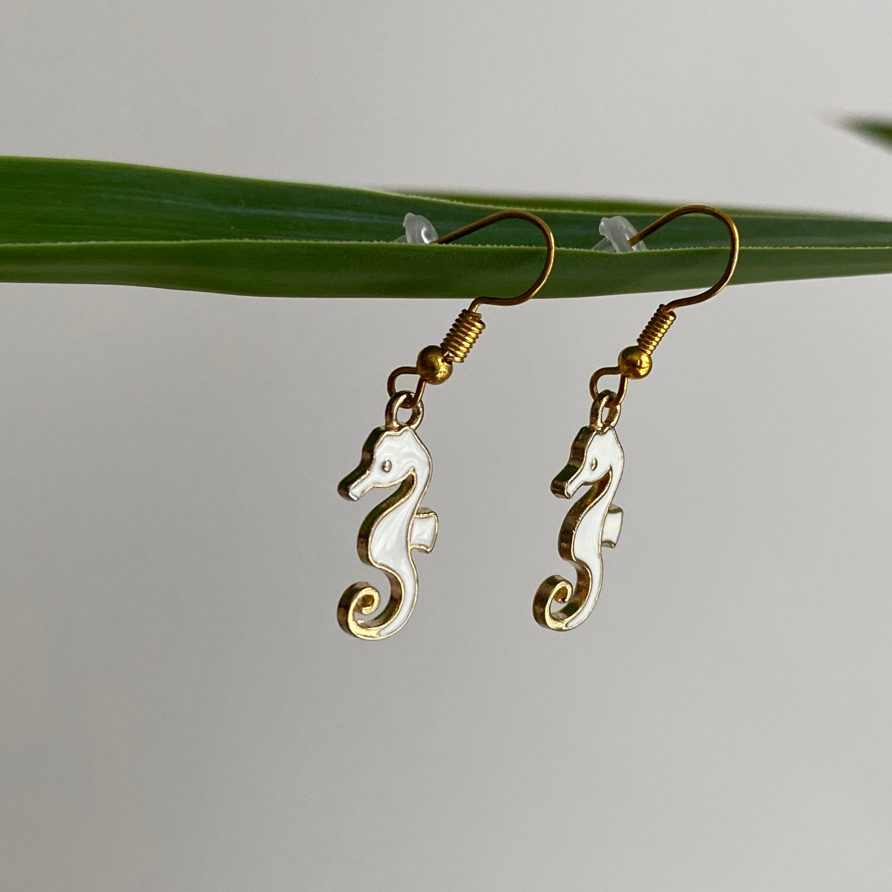 White Seahorse Dangle Earrings