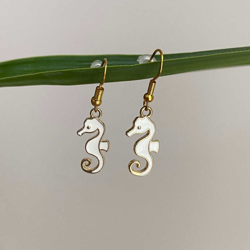 White Seahorse Dangle Earrings