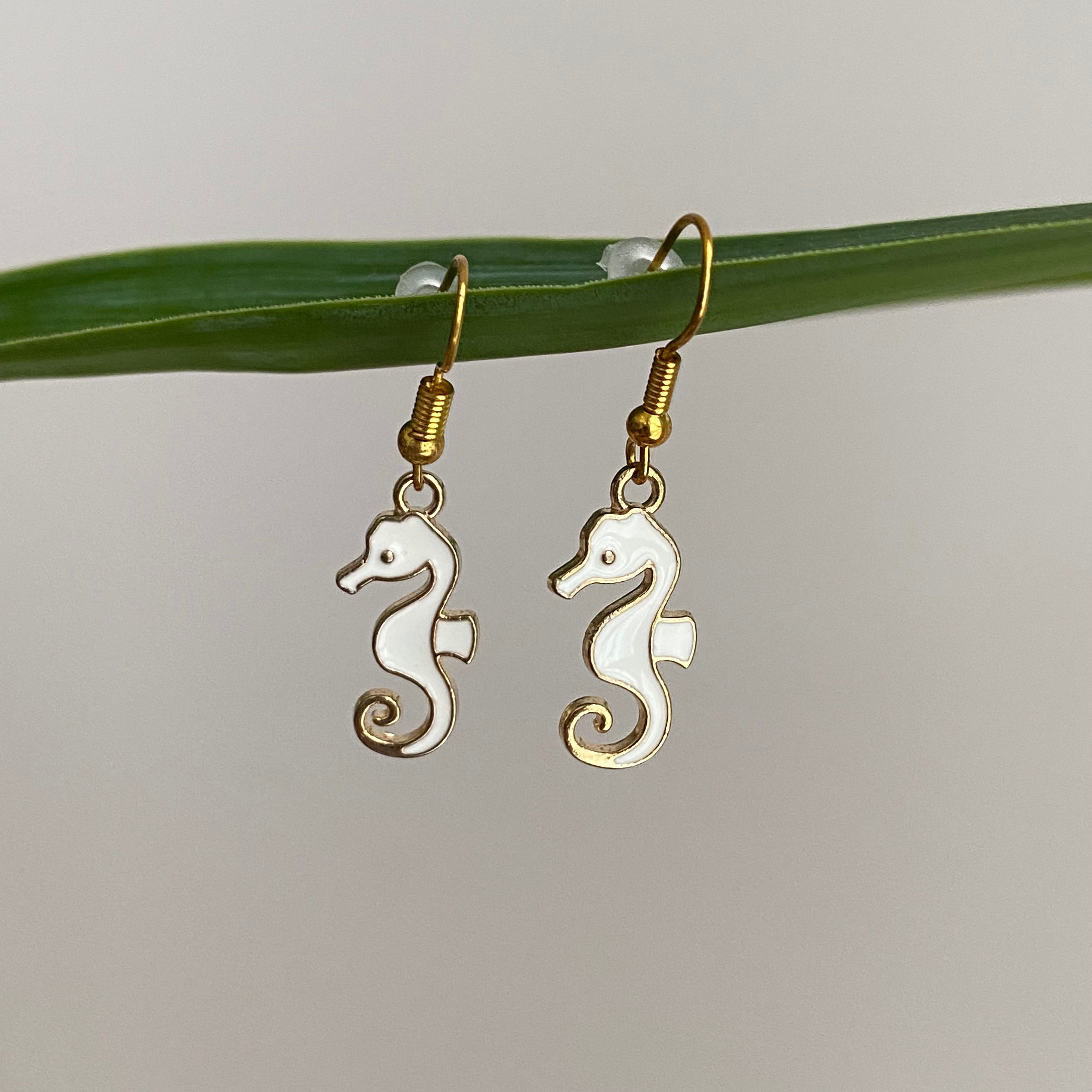 White Seahorse Dangle Earrings