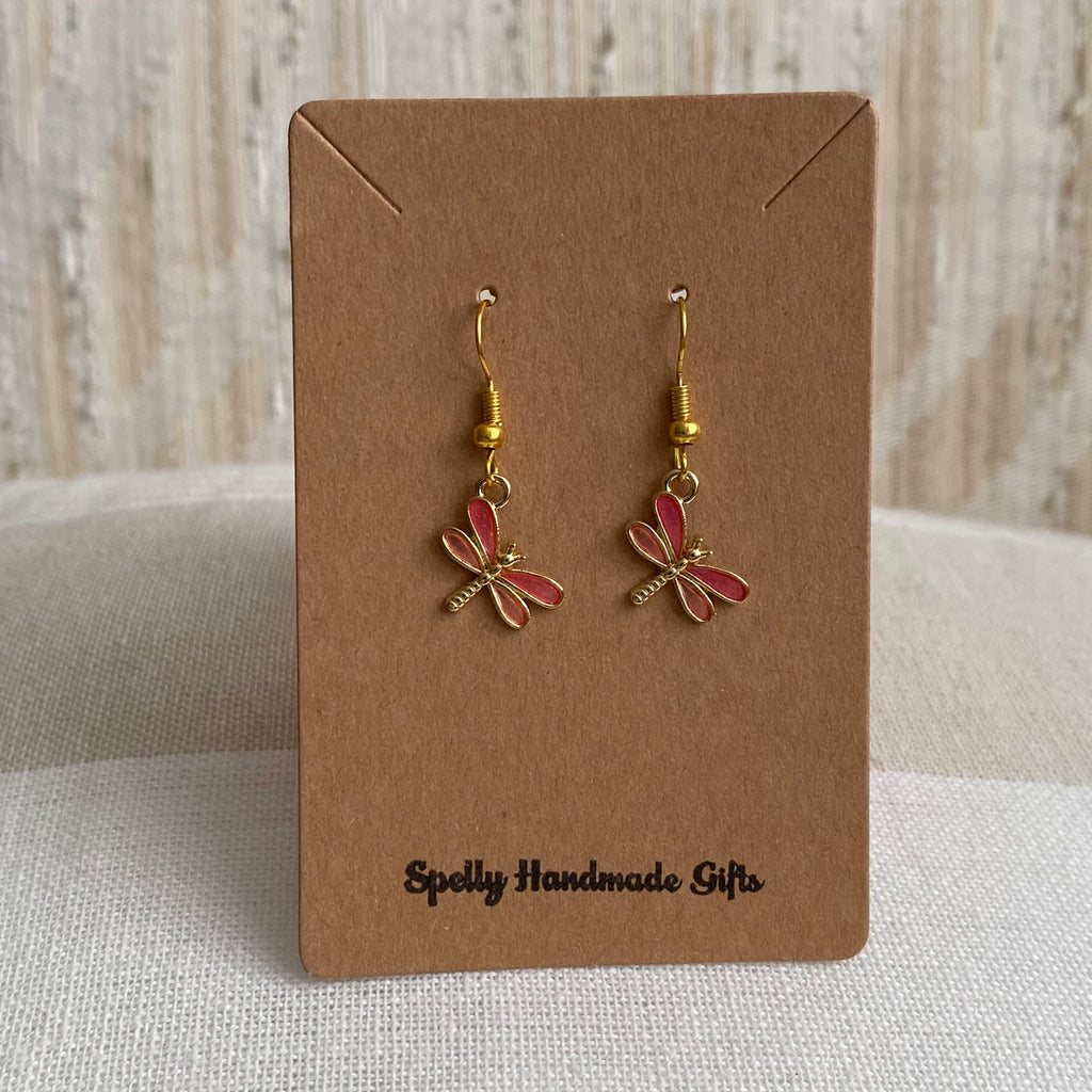 Gold/Pink Dragonfly Dangle Earrings