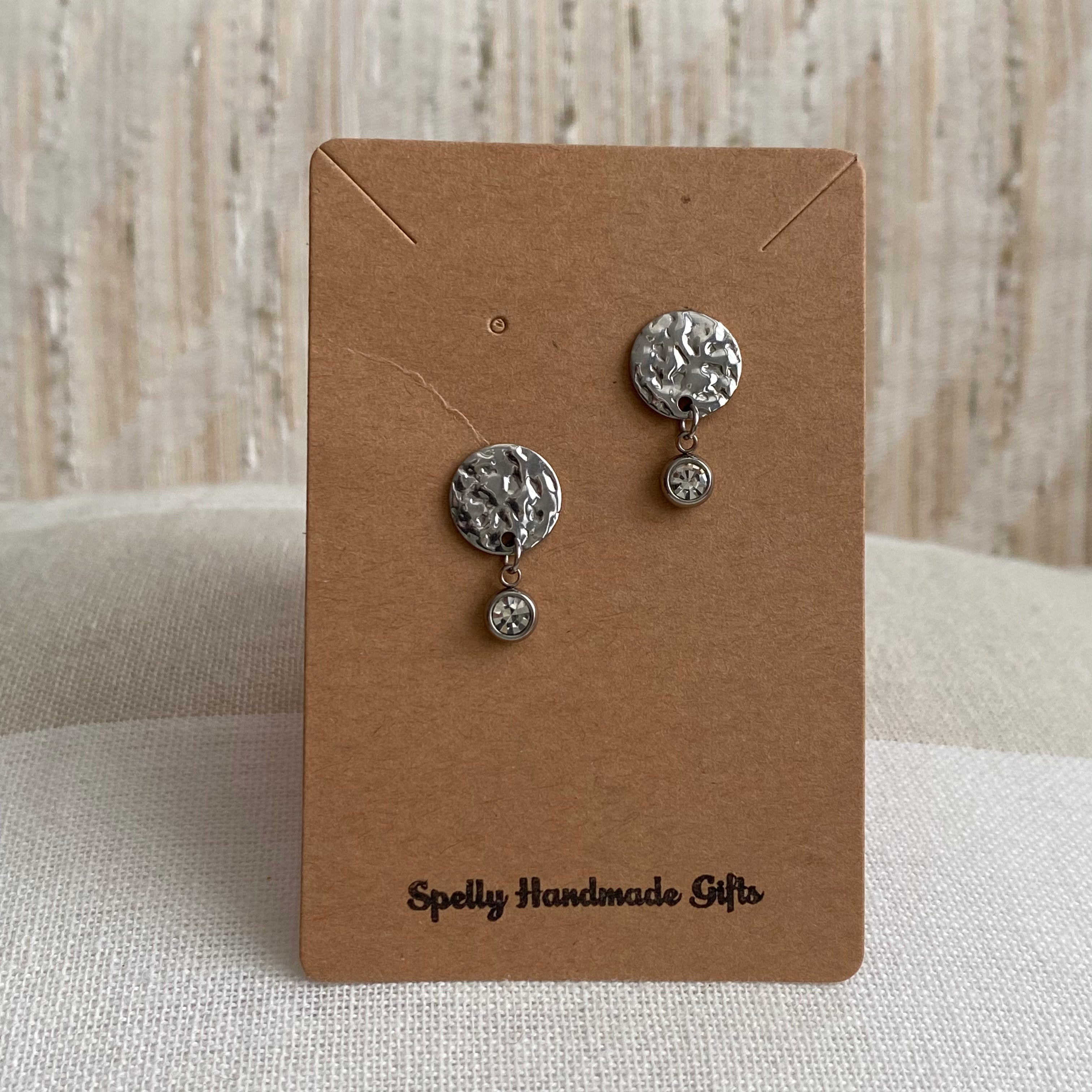 Silver Hammered Circle Drop Studs with Dangle Diamonds Earrings