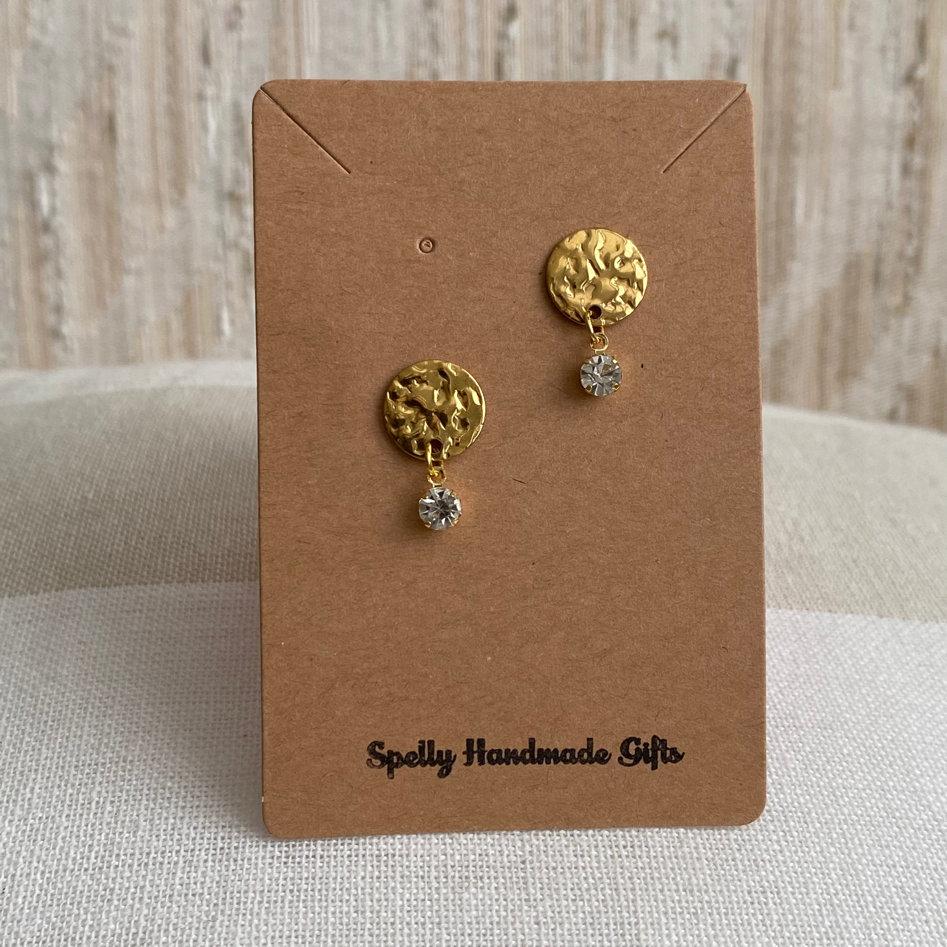 Gold Hammered Circle Drop Studs with Dangle Diamonds Earrings