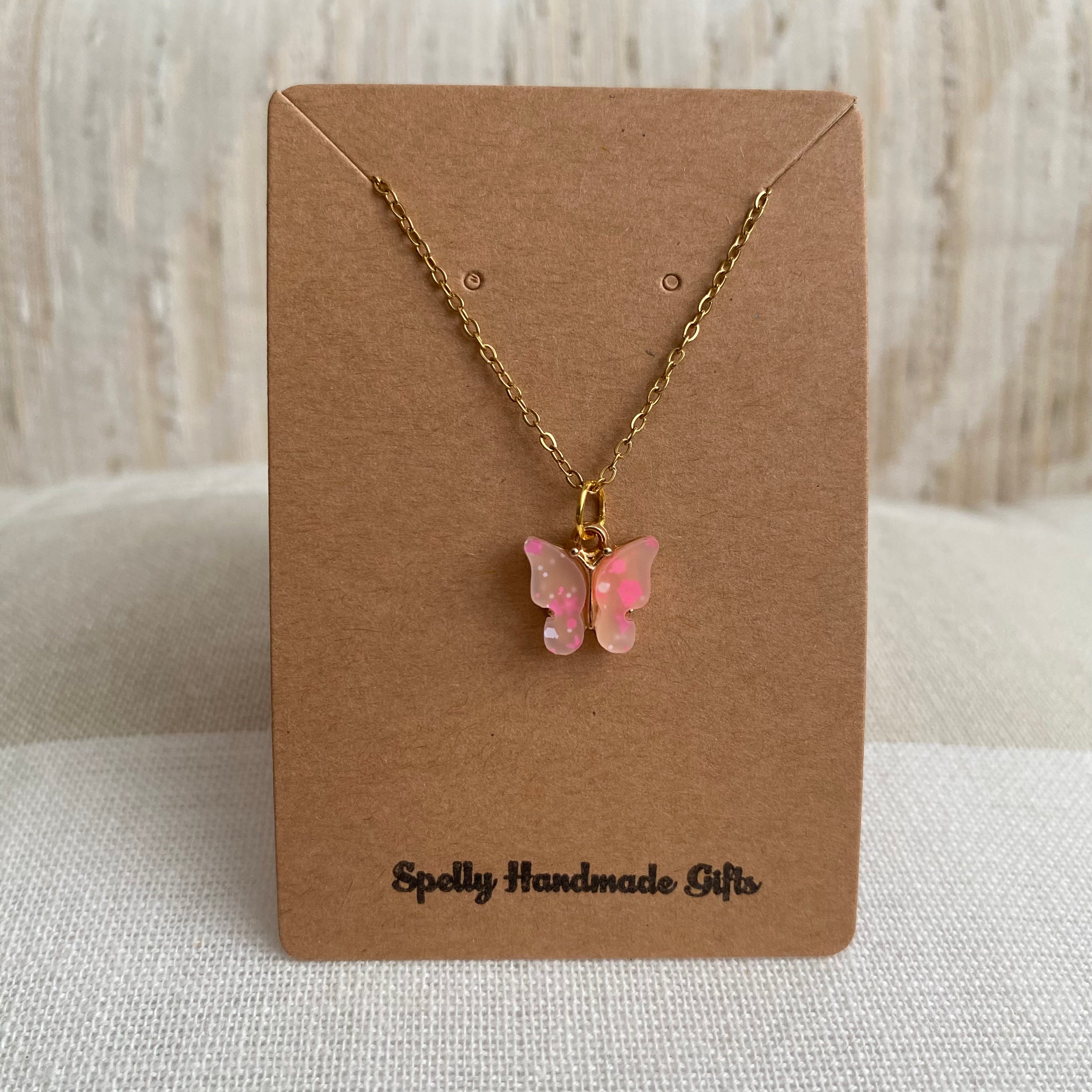 Pink Splatter Butterfly Necklace