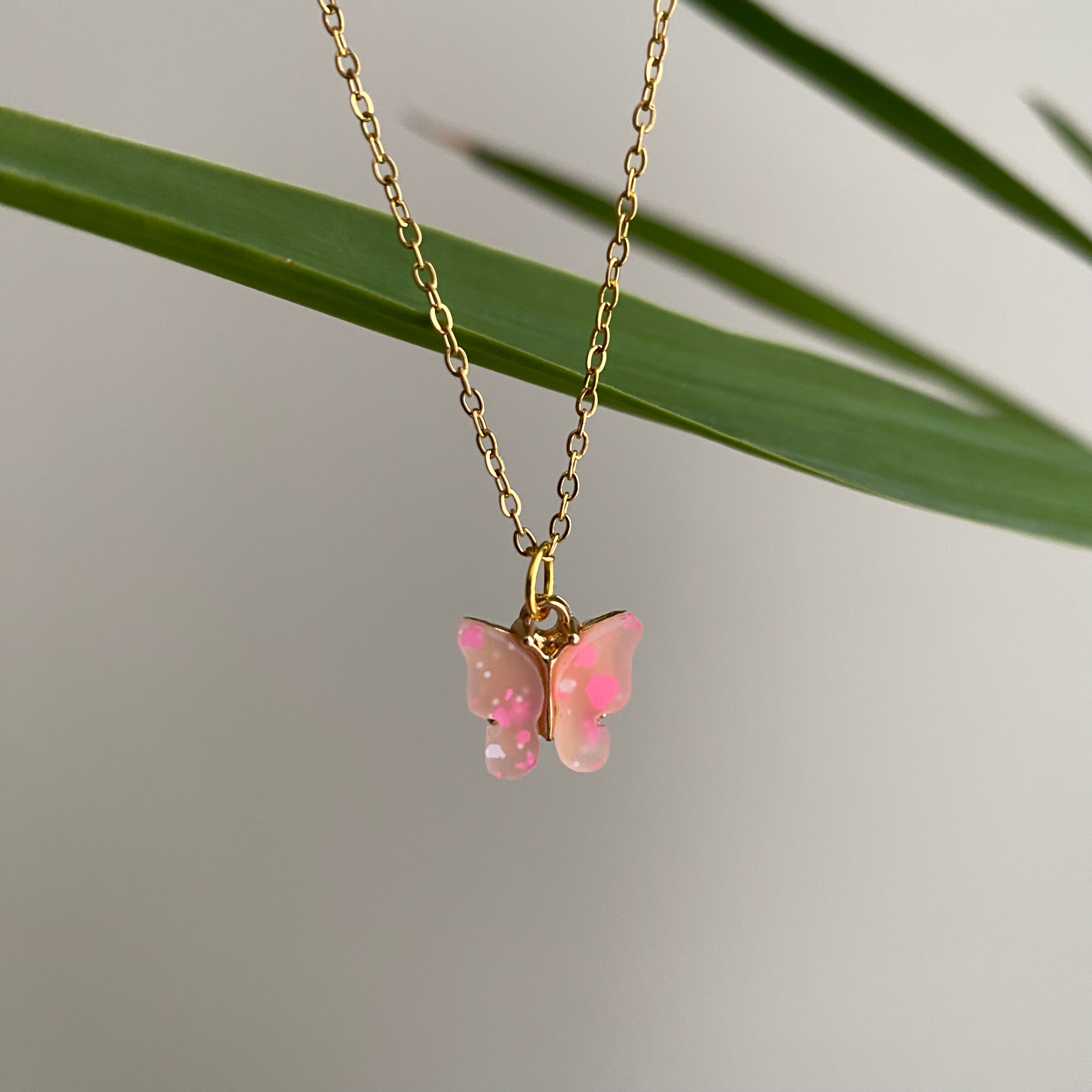 Pink Splatter Butterfly Necklace