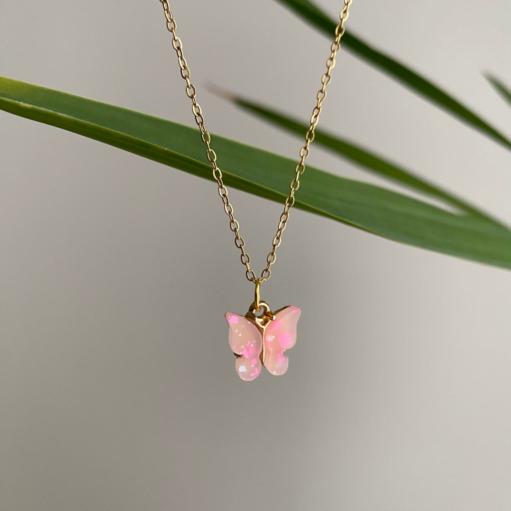 Pink Splatter Butterfly Necklace