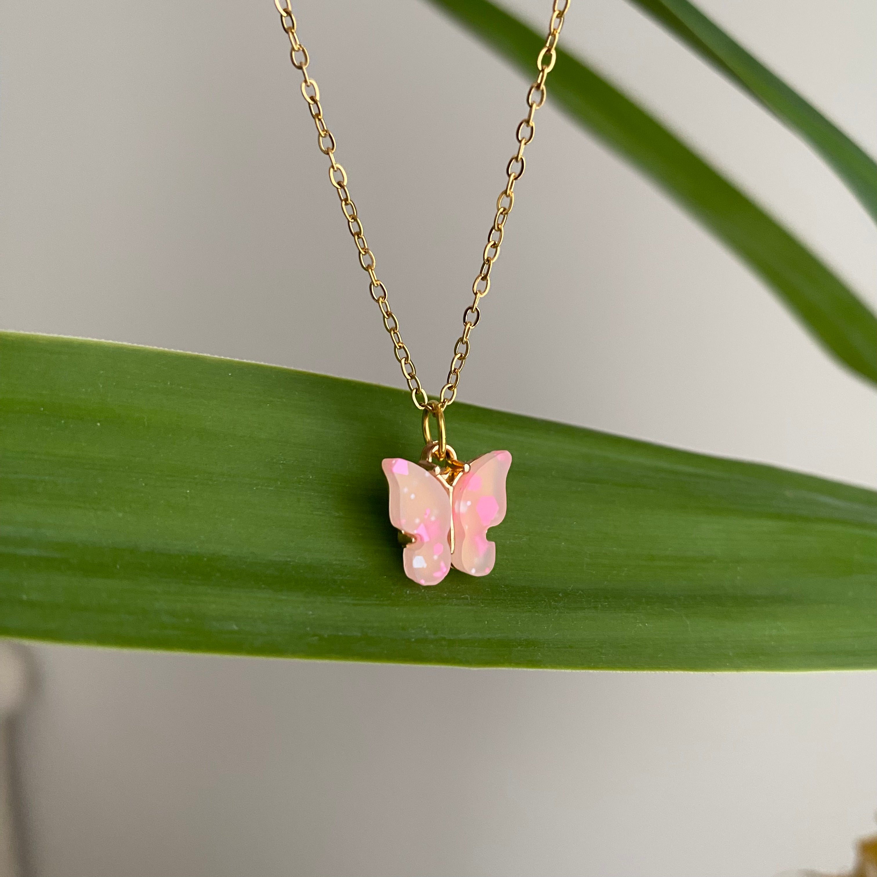 Pink Splatter Butterfly Necklace