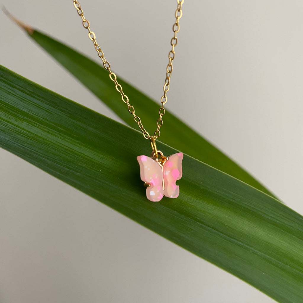 Pink Splatter Butterfly Necklace