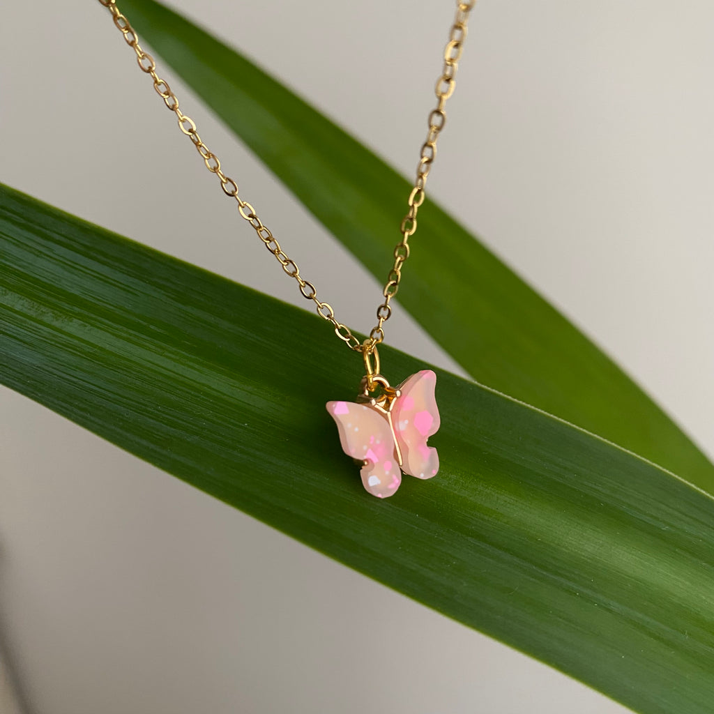 Pink Splatter Butterfly Necklace