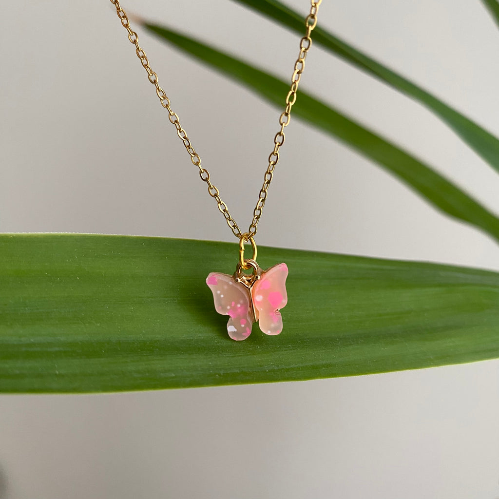 Pink Splatter Butterfly Necklace