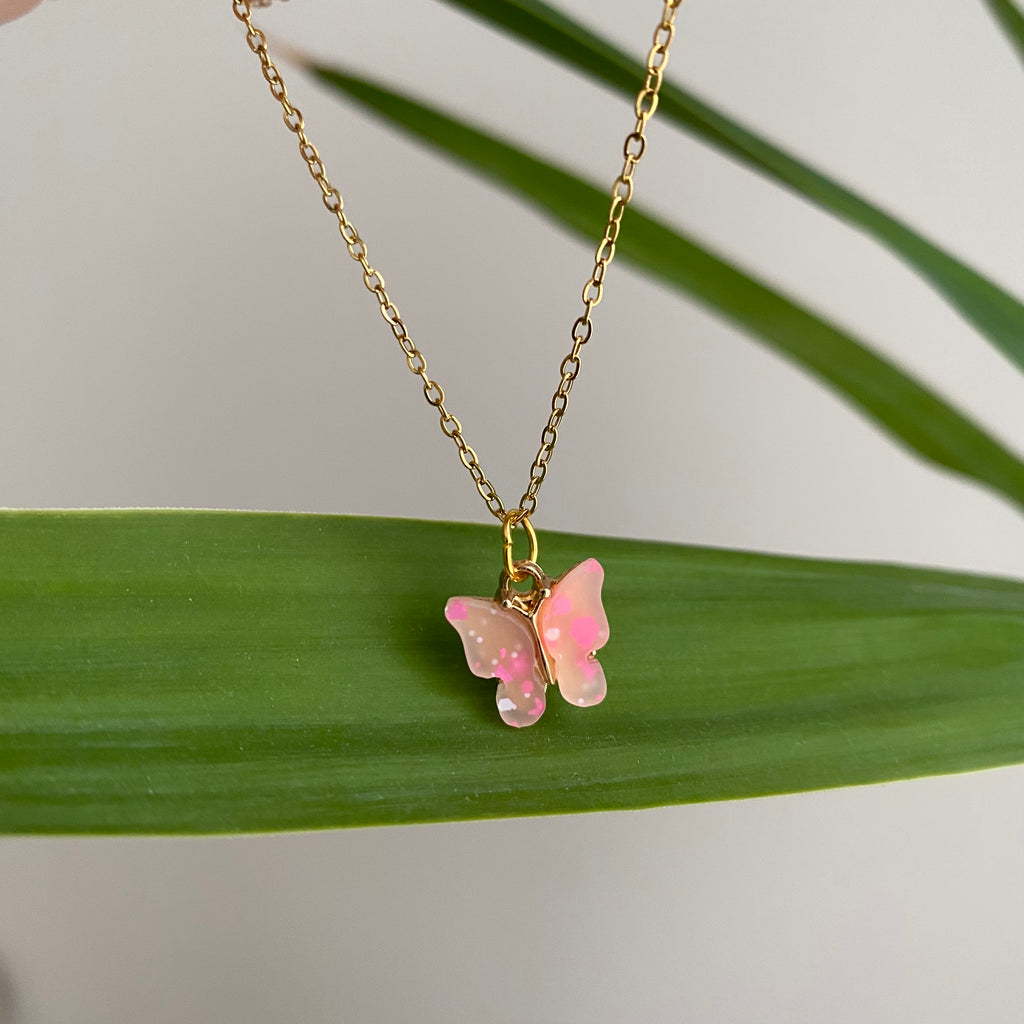 Pink Splatter Butterfly Necklace