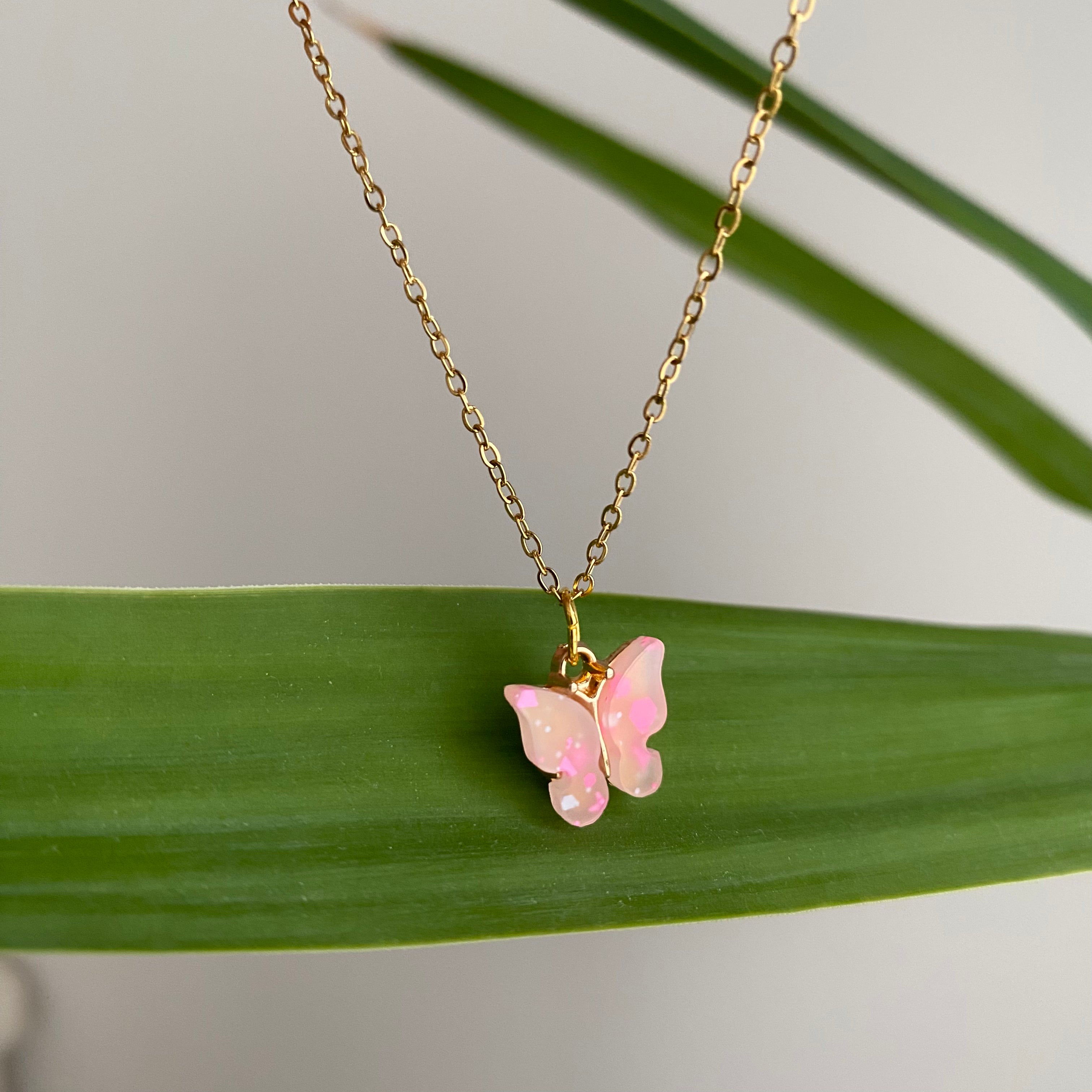 Pink Splatter Butterfly Necklace