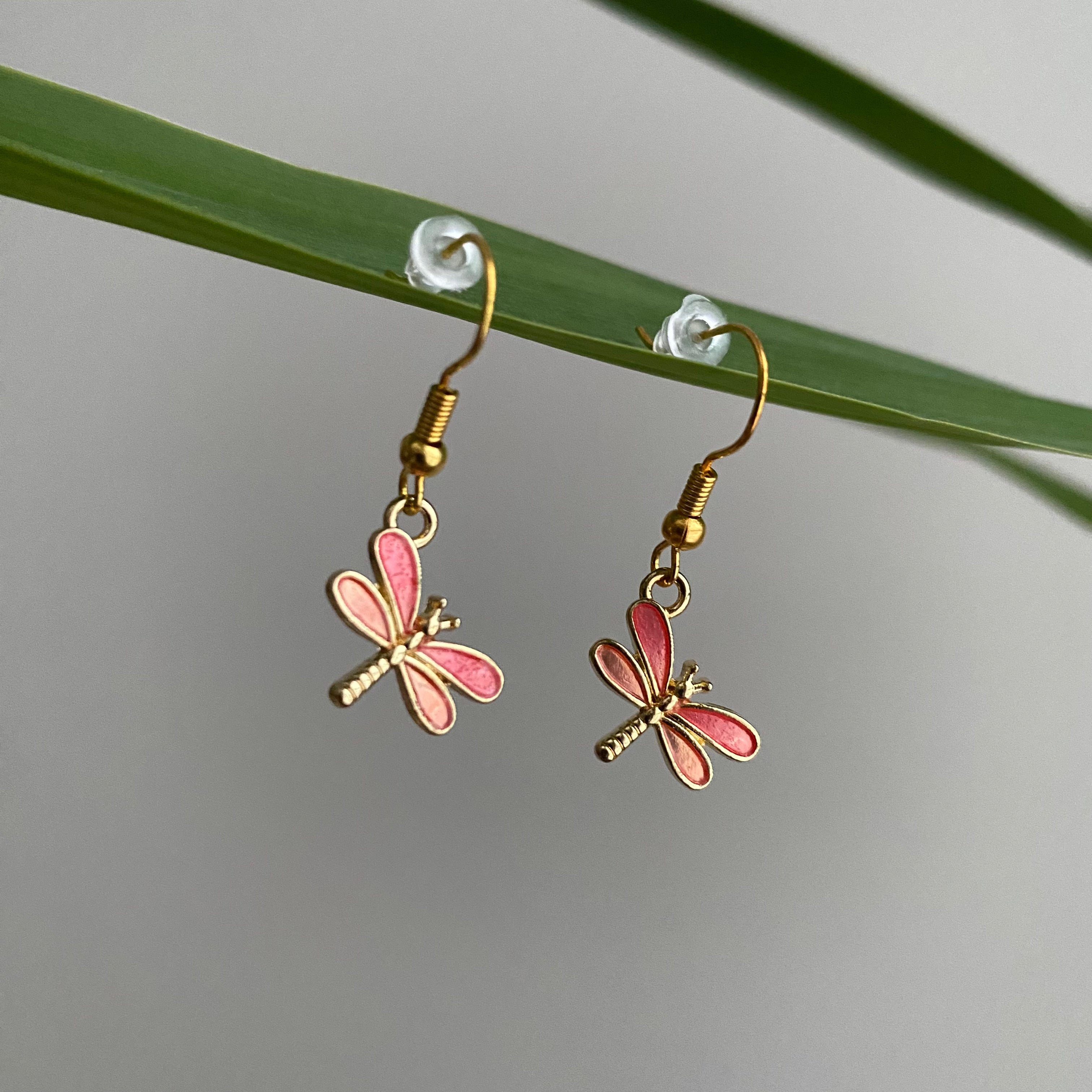 Gold/Pink Dragonfly Dangle Earrings