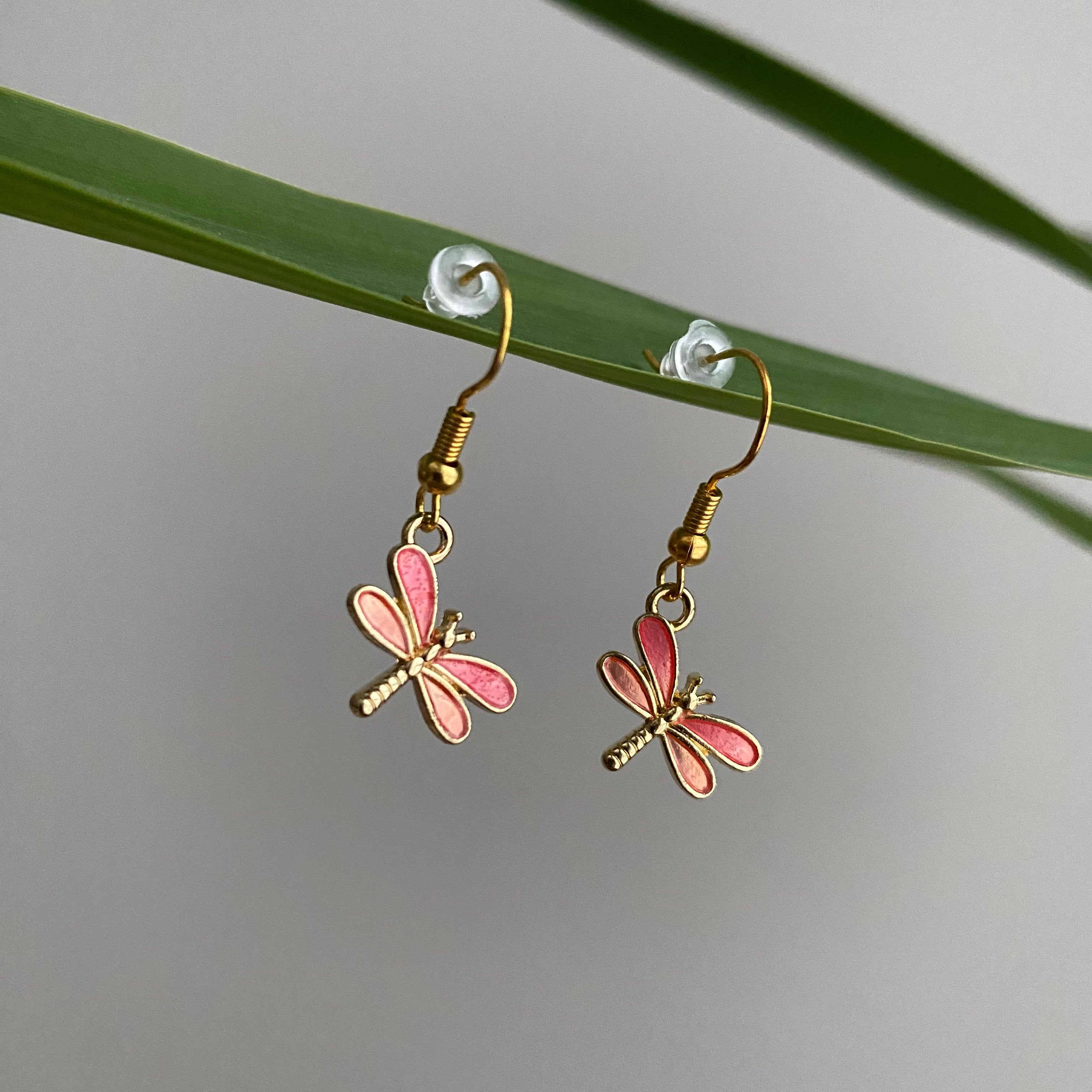 Gold/Pink Dragonfly Dangle Earrings