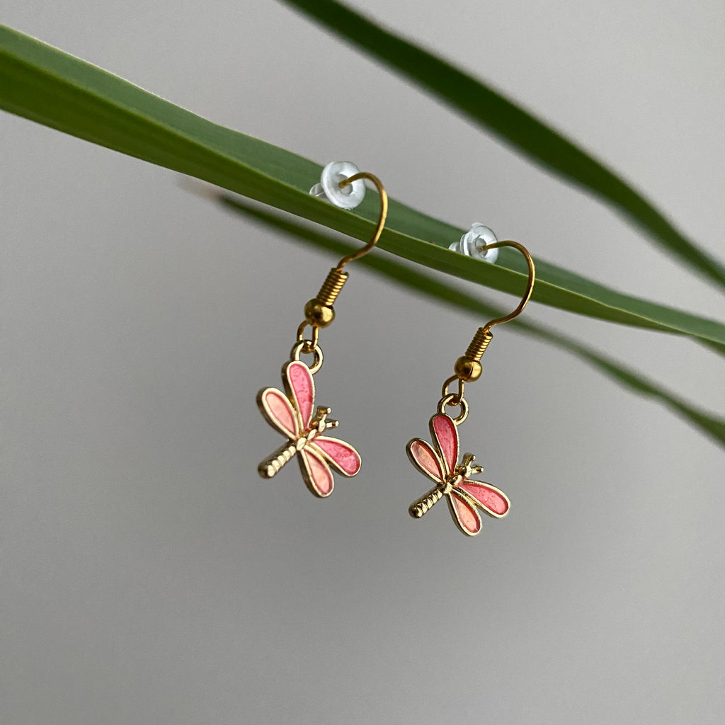Gold/Pink Dragonfly Dangle Earrings