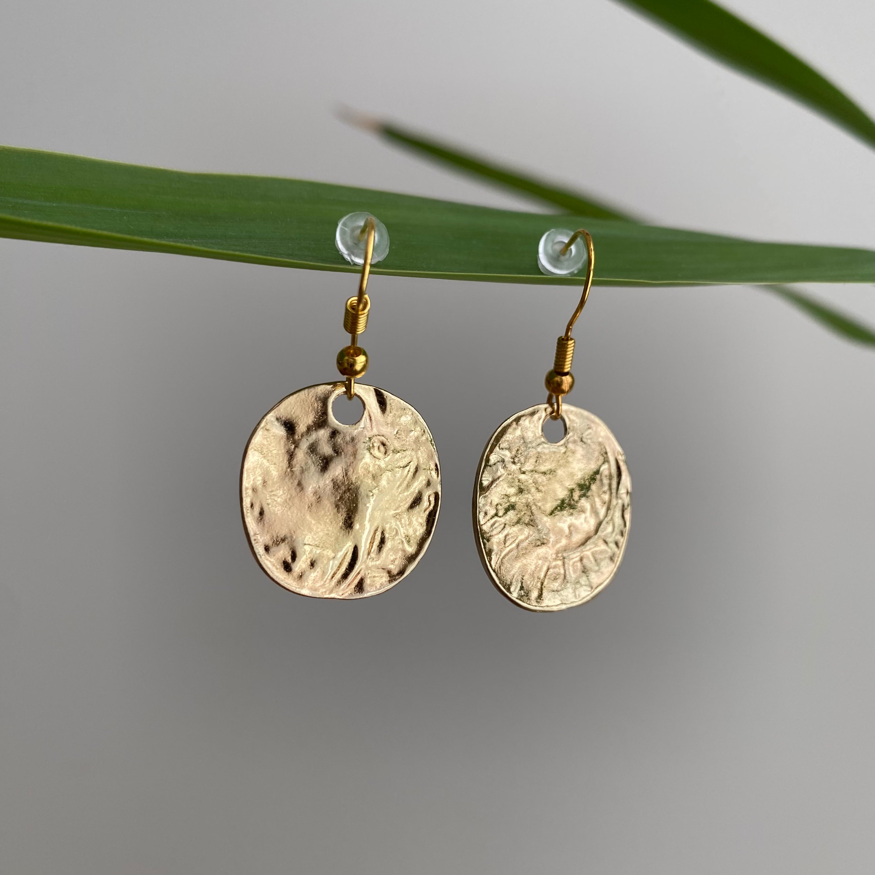 Gold Large Hammered Circle Dangle Earrings