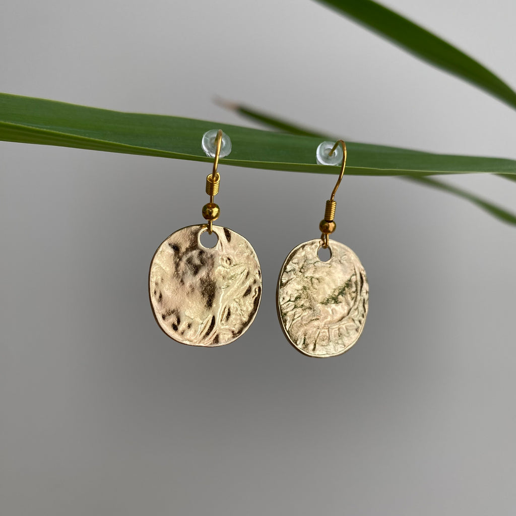 Gold Large Hammered Circle Dangle Earrings