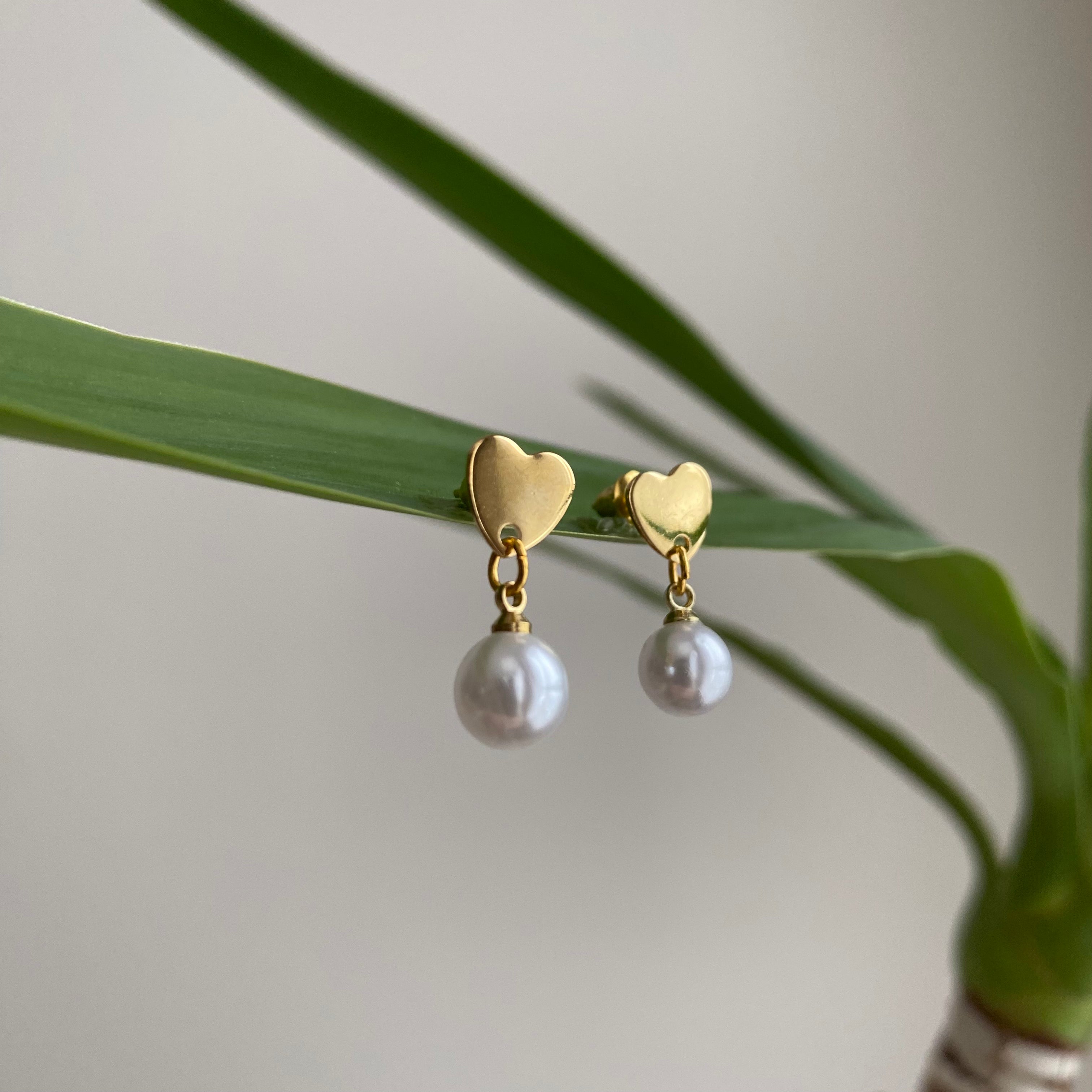 Gold Heart Studs with Dangle Pearls