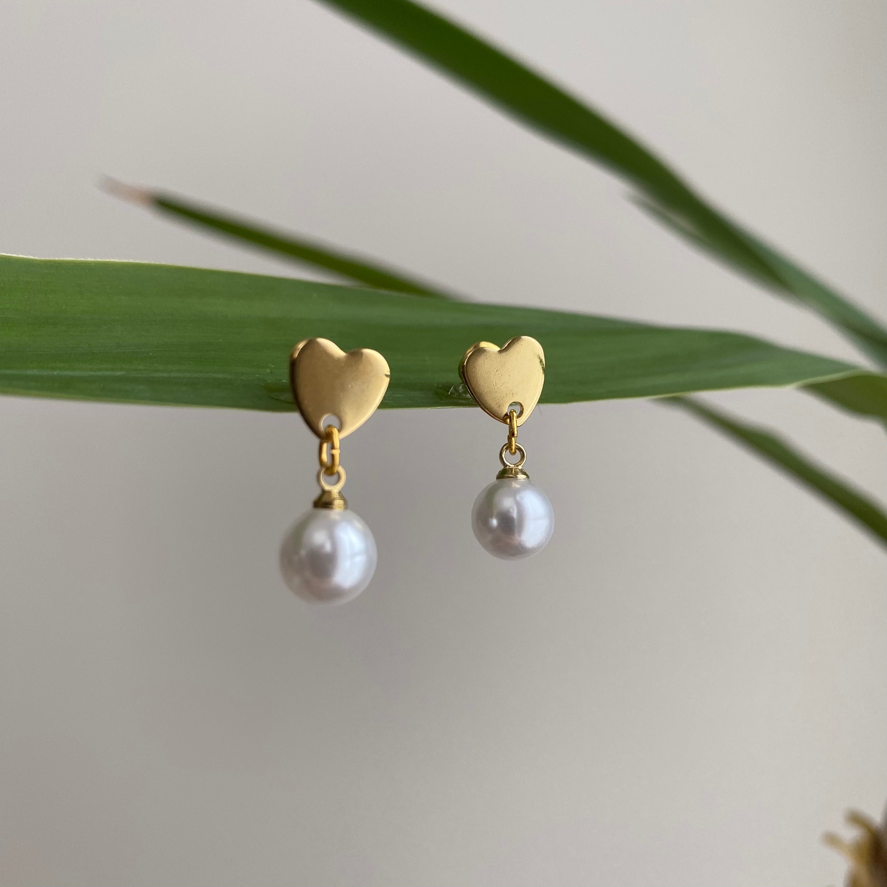 Gold Heart Studs with Dangle Pearls