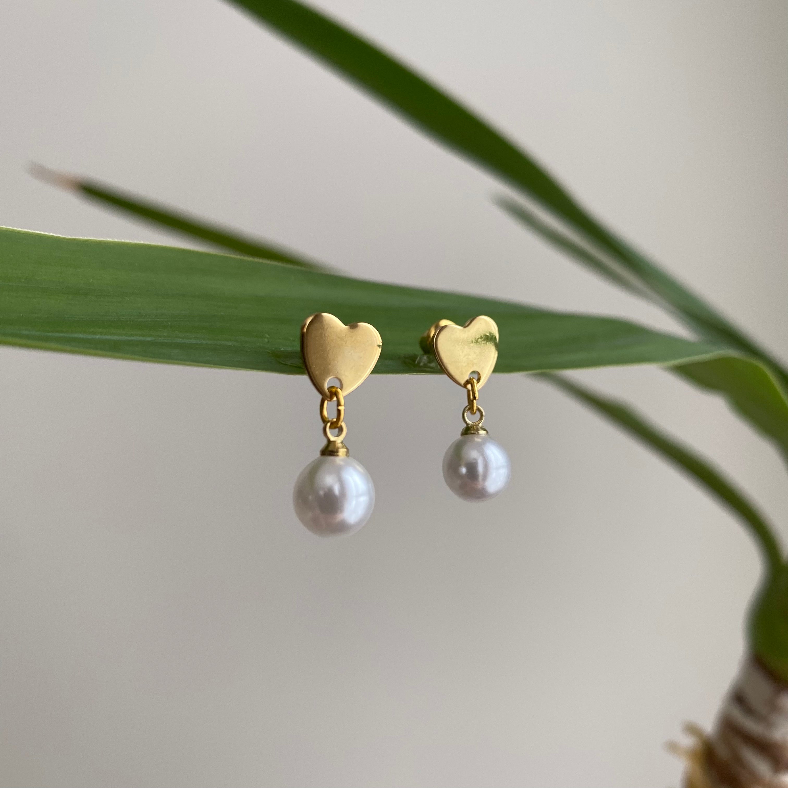 Gold Heart Studs with Dangle Pearls