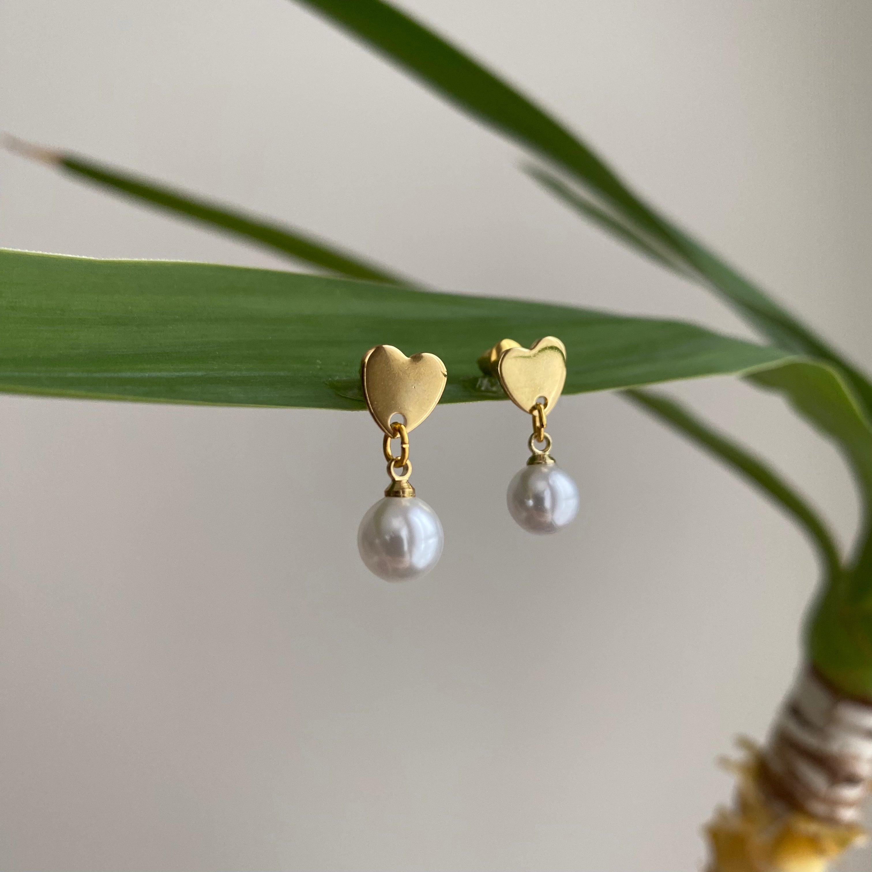 Gold Heart Studs with Dangle Pearls