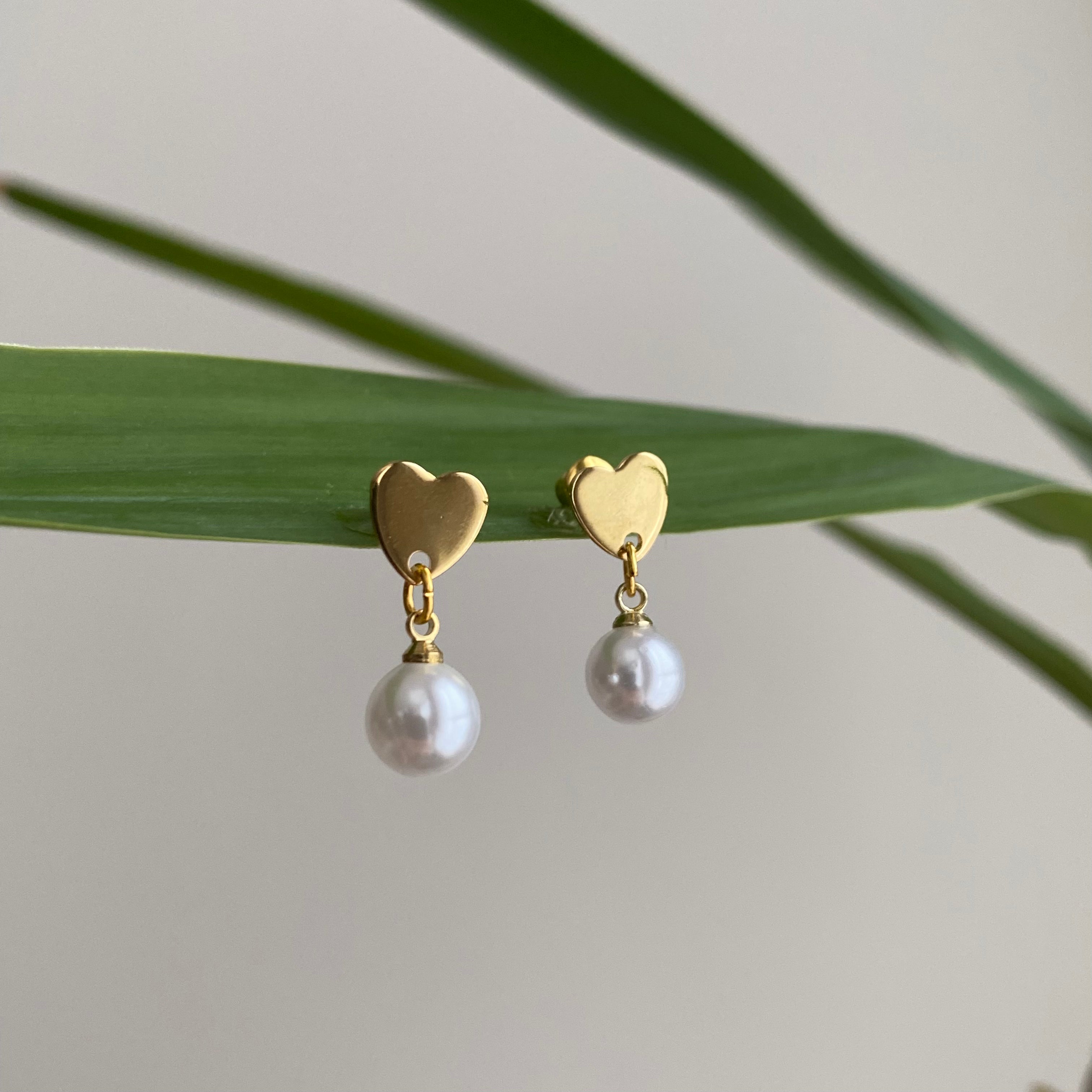 Gold Heart Studs with Dangle Pearls