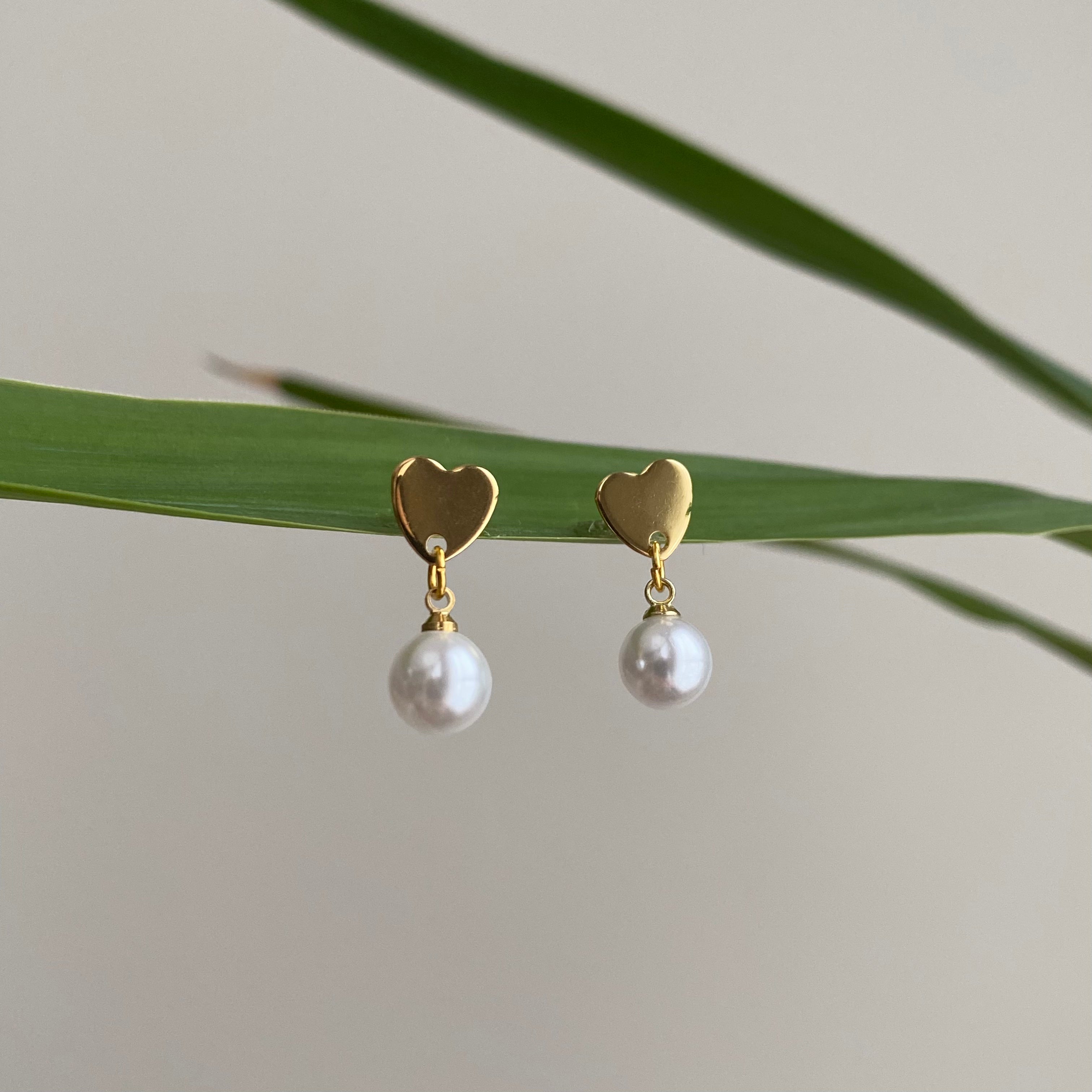 Gold Heart Studs with Dangle Pearls