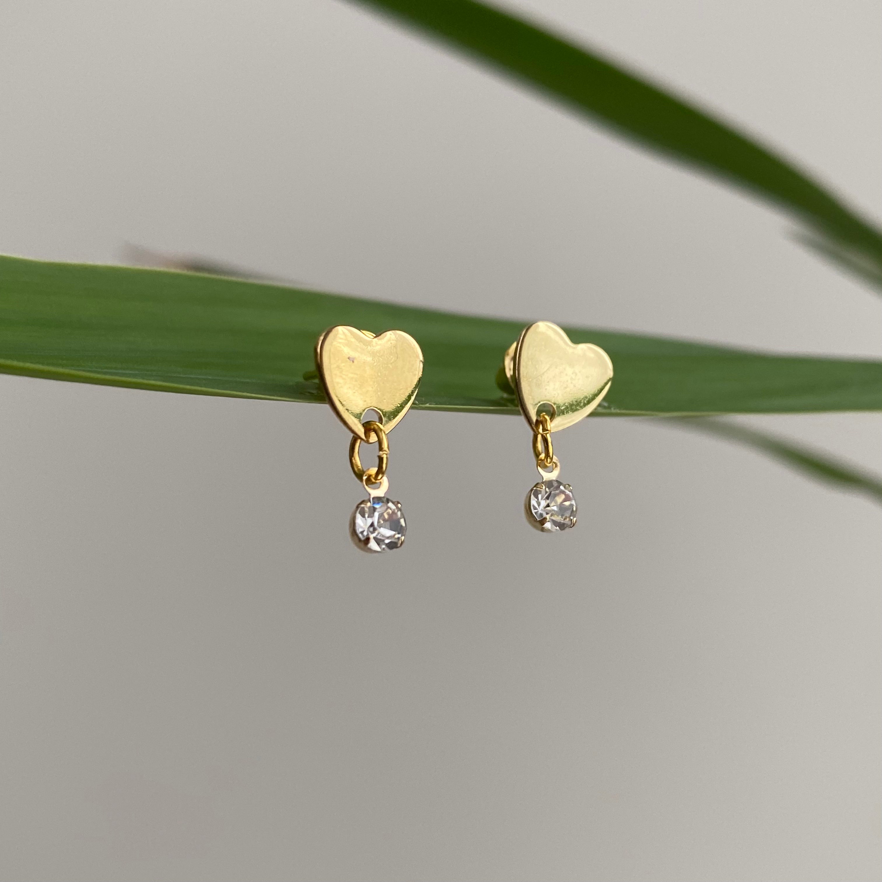 Gold Heart Studs with Dangle Diamonds