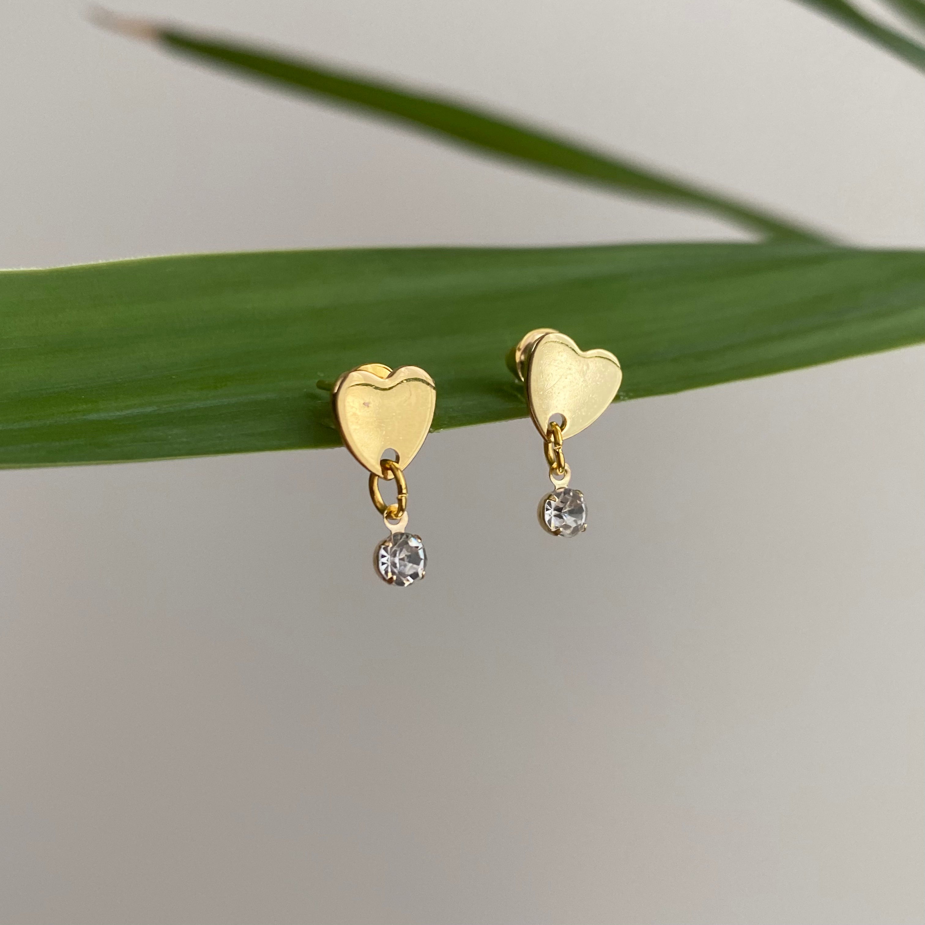 Gold Heart Studs with Dangle Diamonds