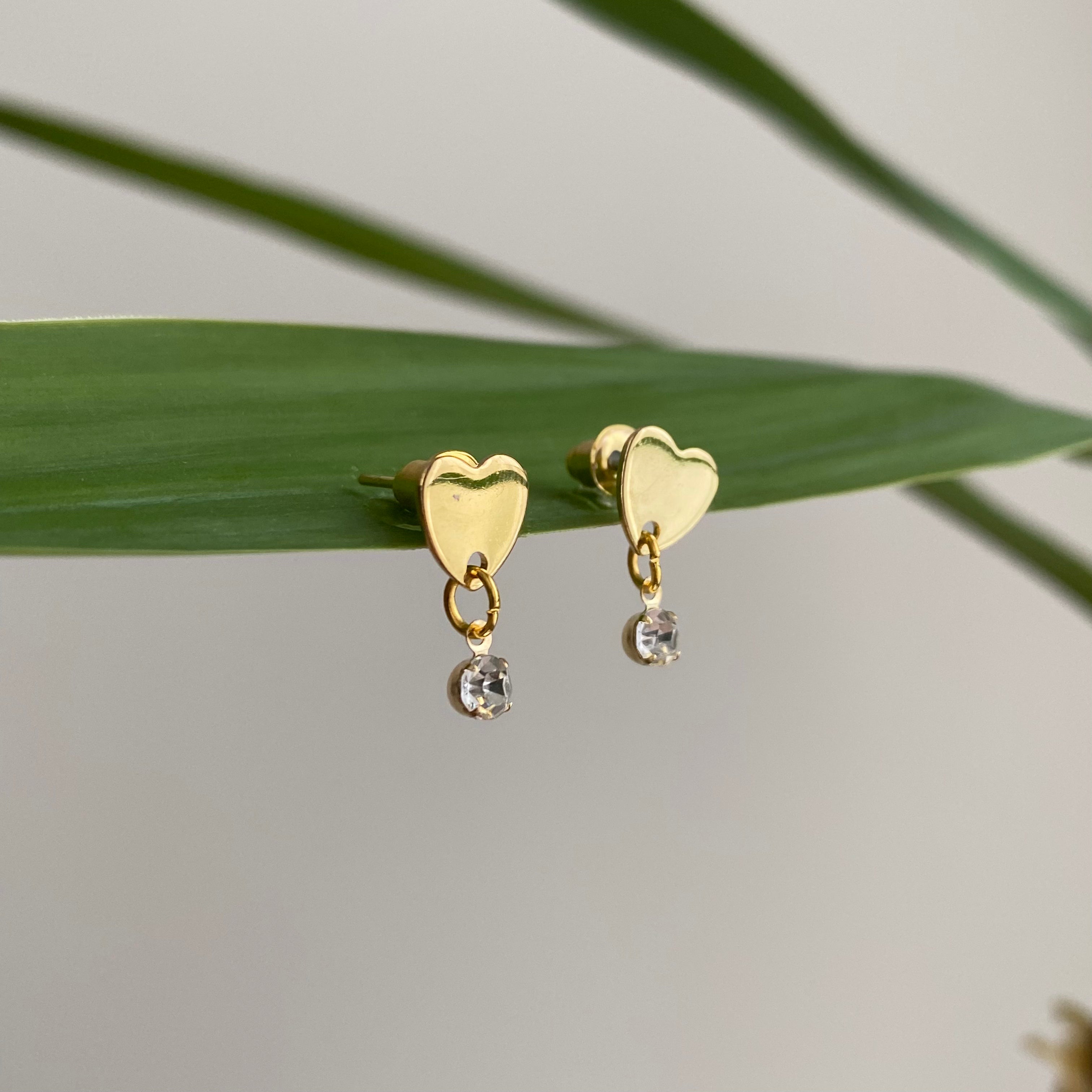 Gold Heart Studs with Dangle Diamonds