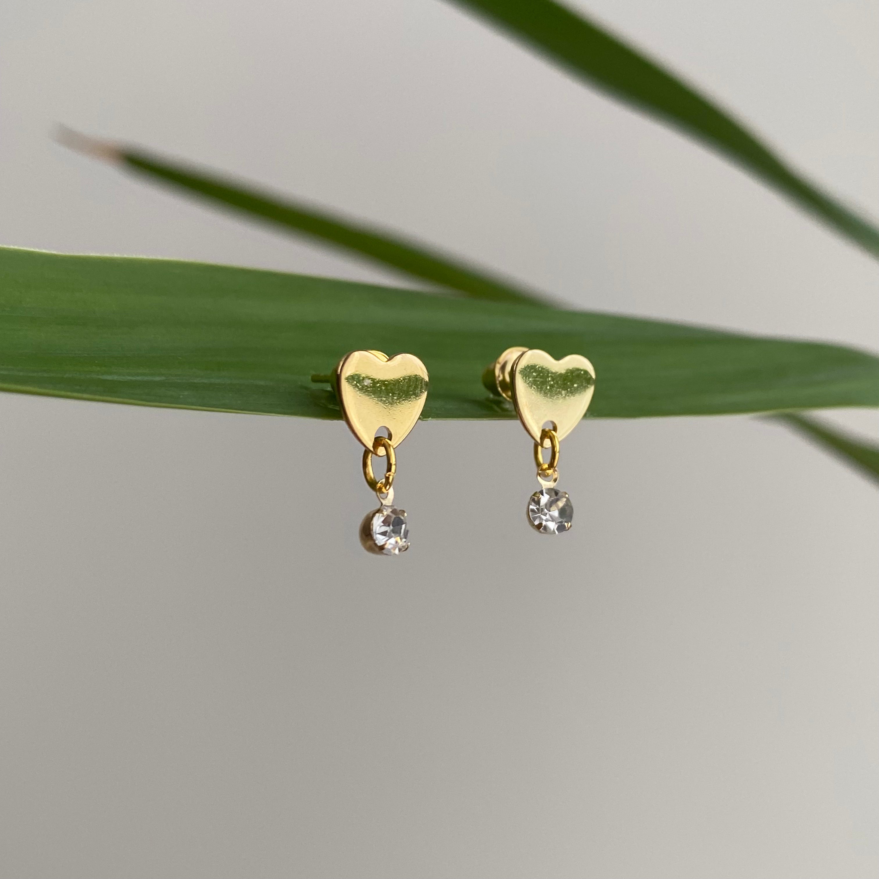Gold Heart Studs with Dangle Diamonds