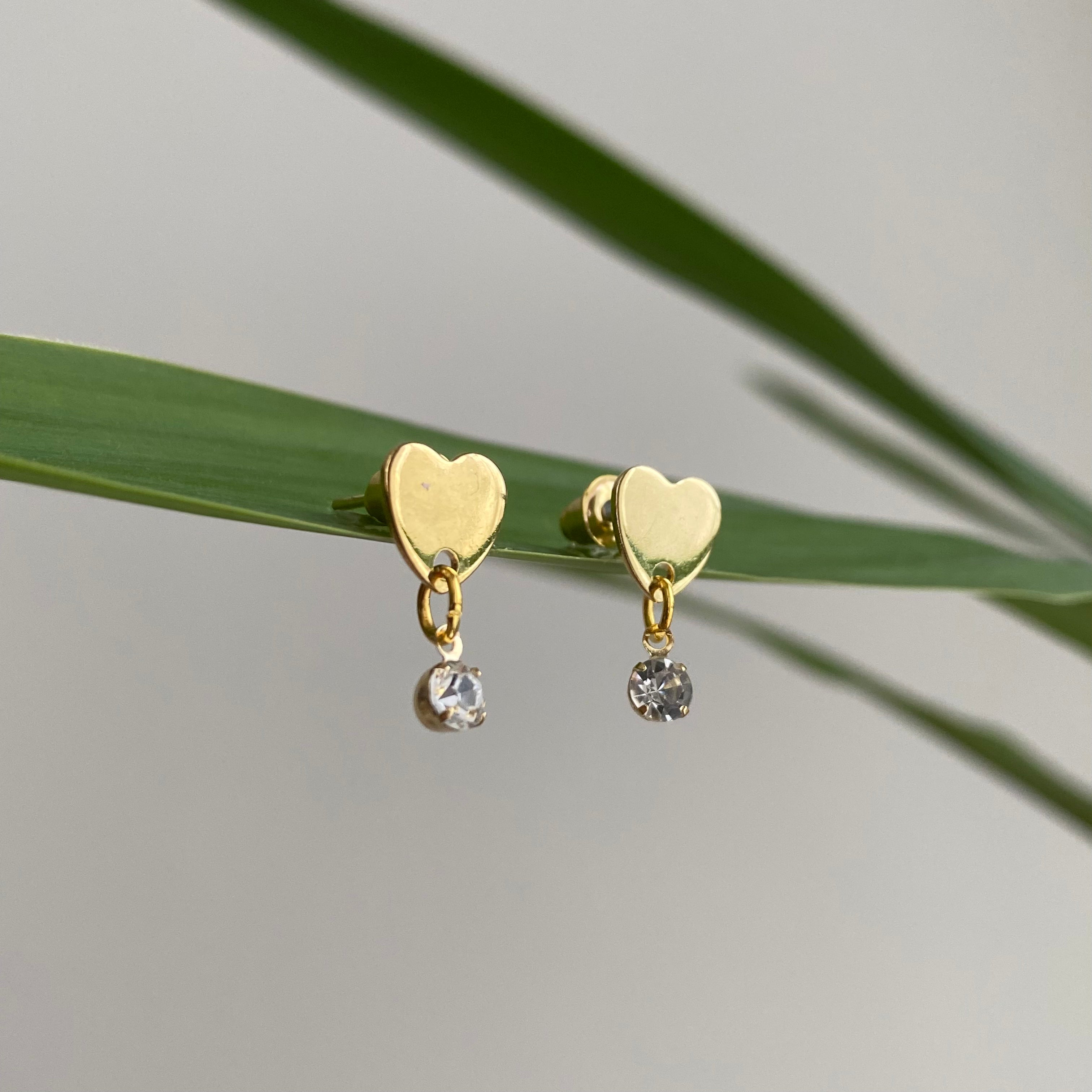 Gold Heart Studs with Dangle Diamonds