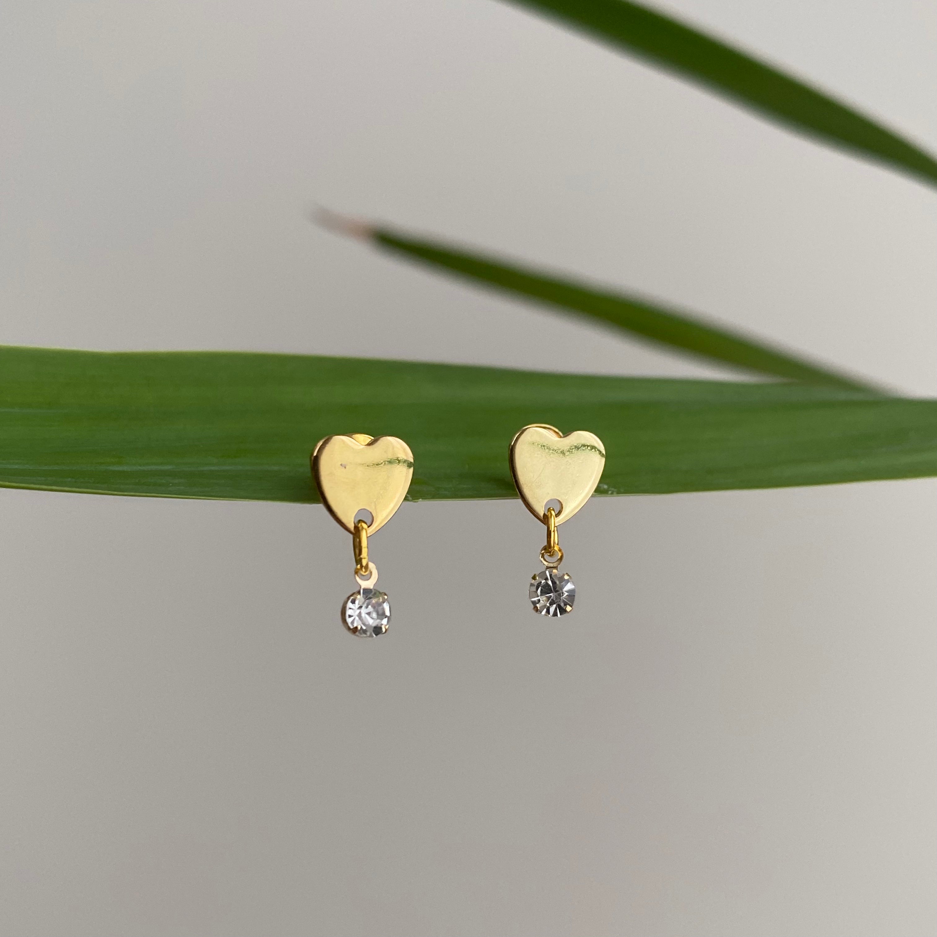 Gold Heart Studs with Dangle Diamonds
