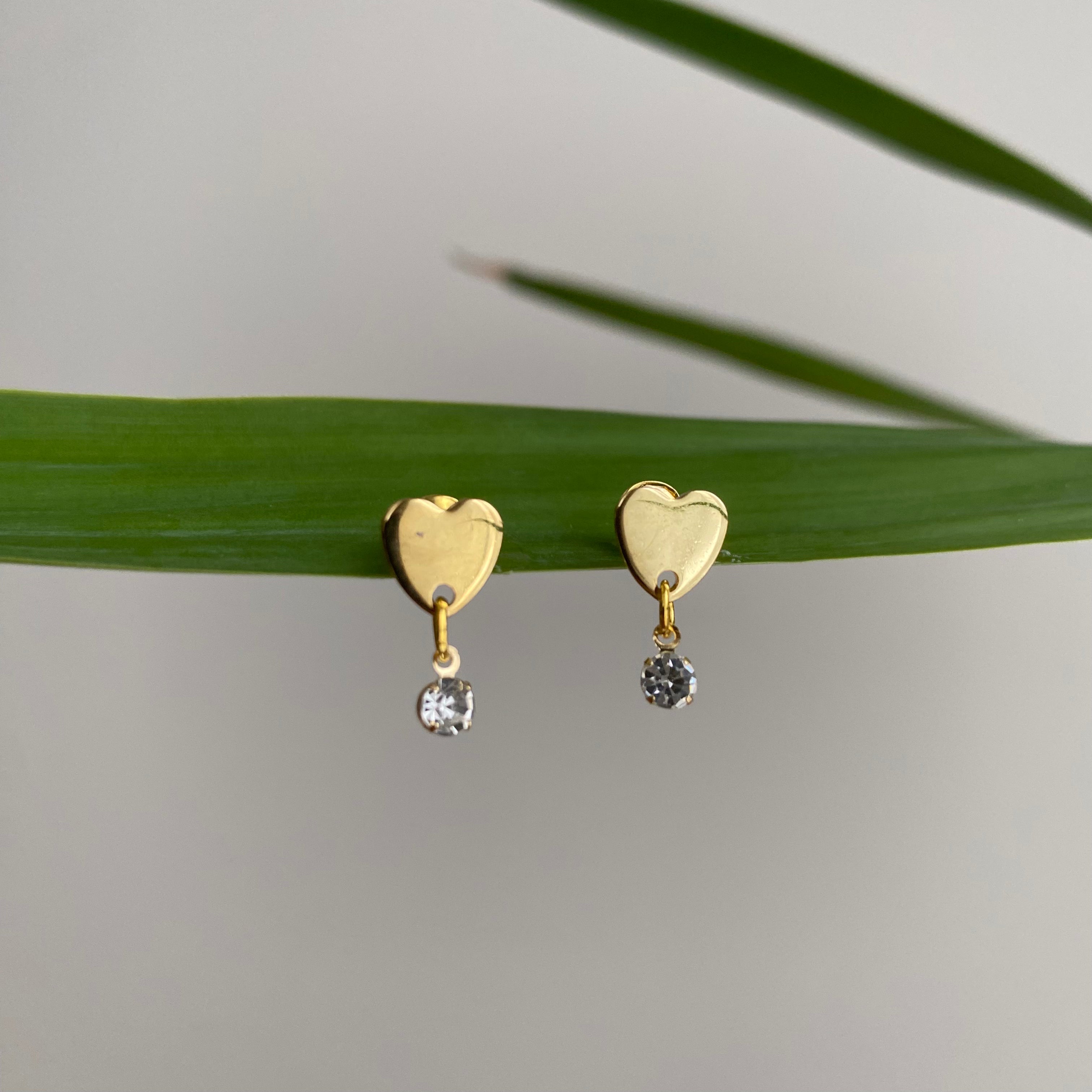 Gold Heart Studs with Dangle Diamonds