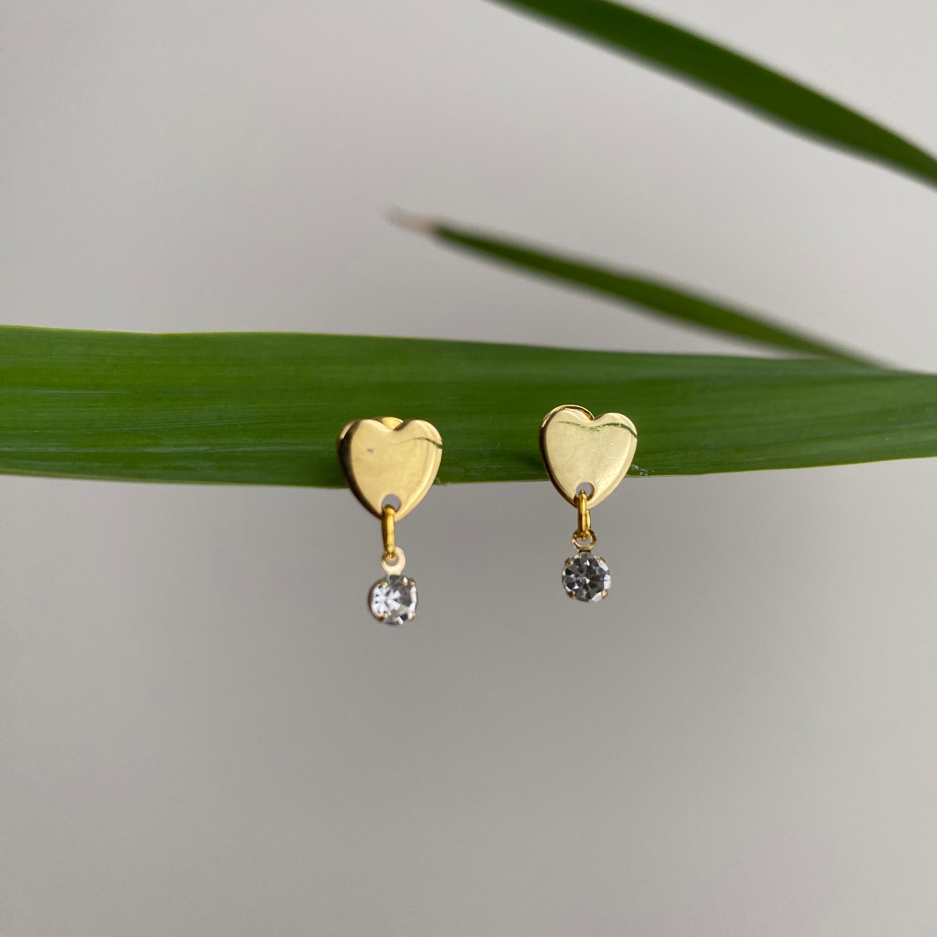 Gold Heart Studs with Dangle Diamonds