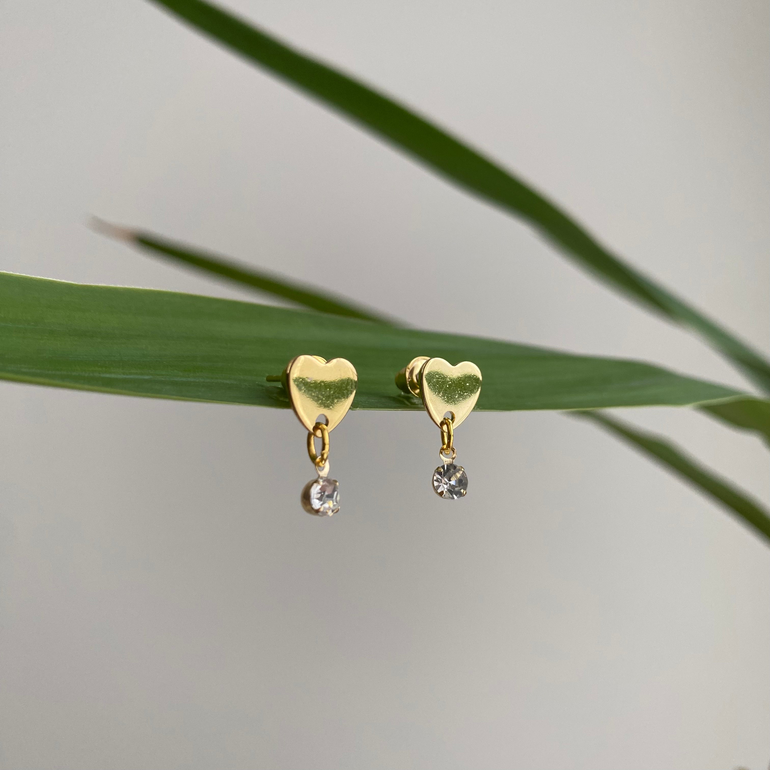 Gold Heart Studs with Dangle Diamonds