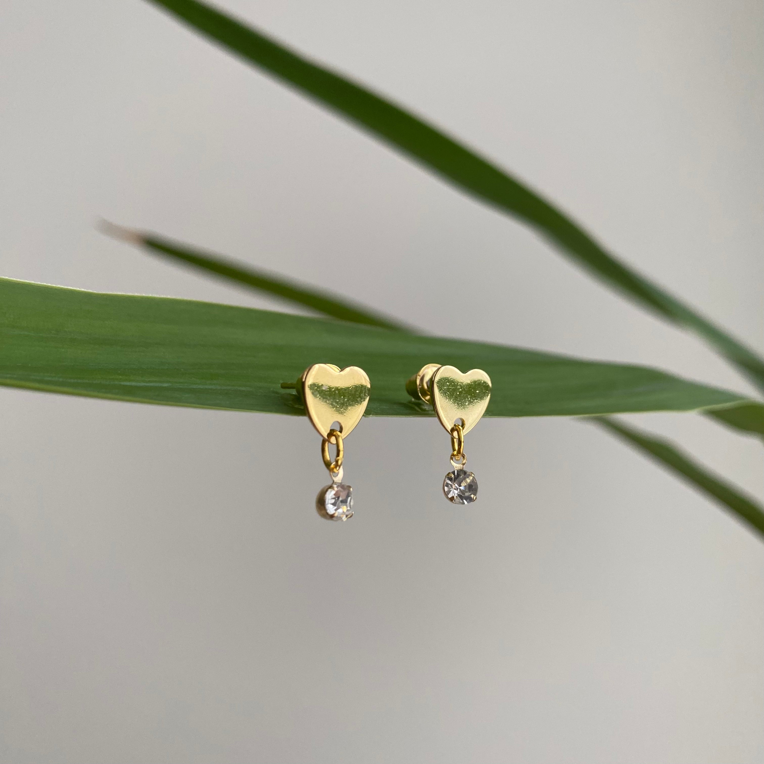 Gold Heart Studs with Dangle Diamonds