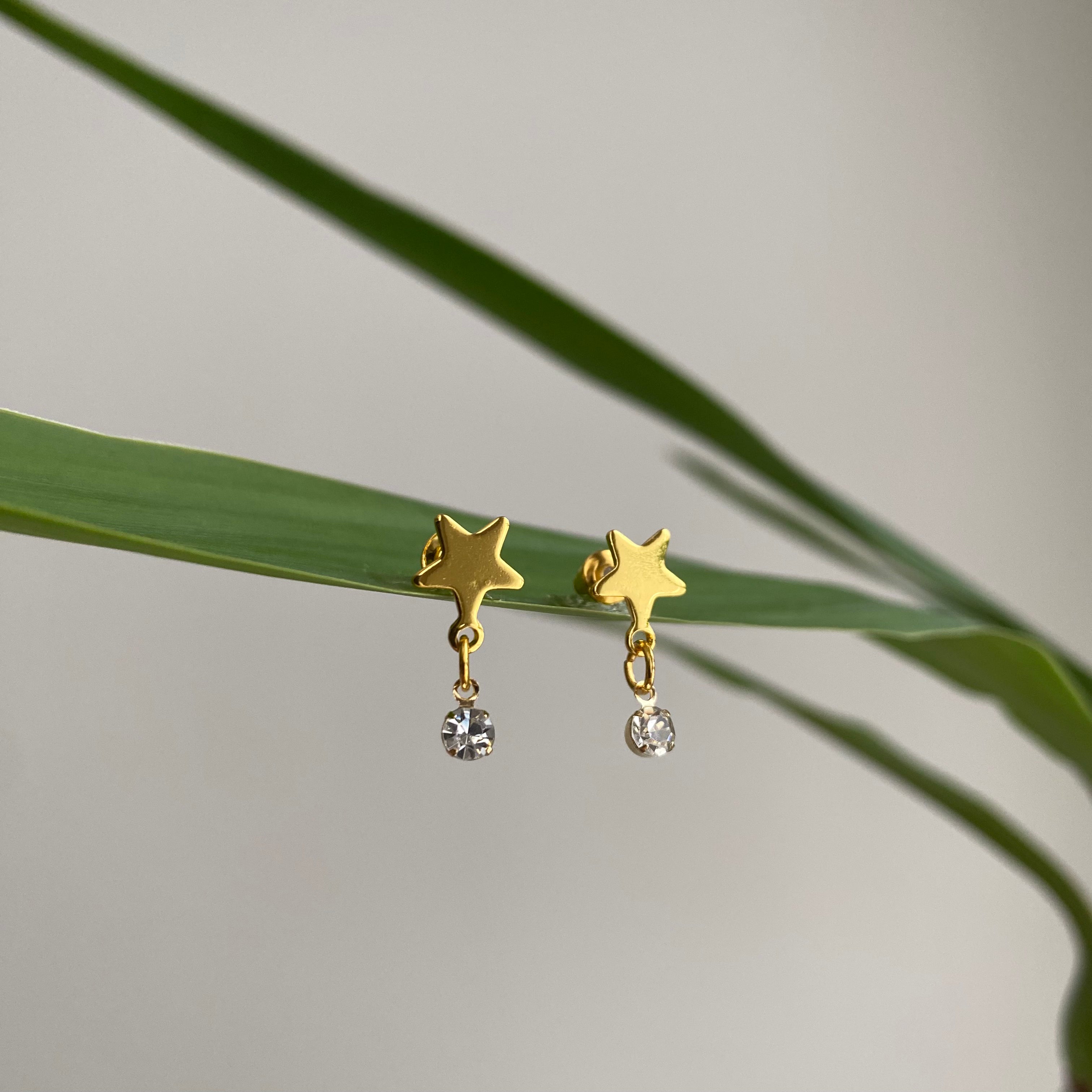Gold Star Studs with Dangle Diamonds Earrings