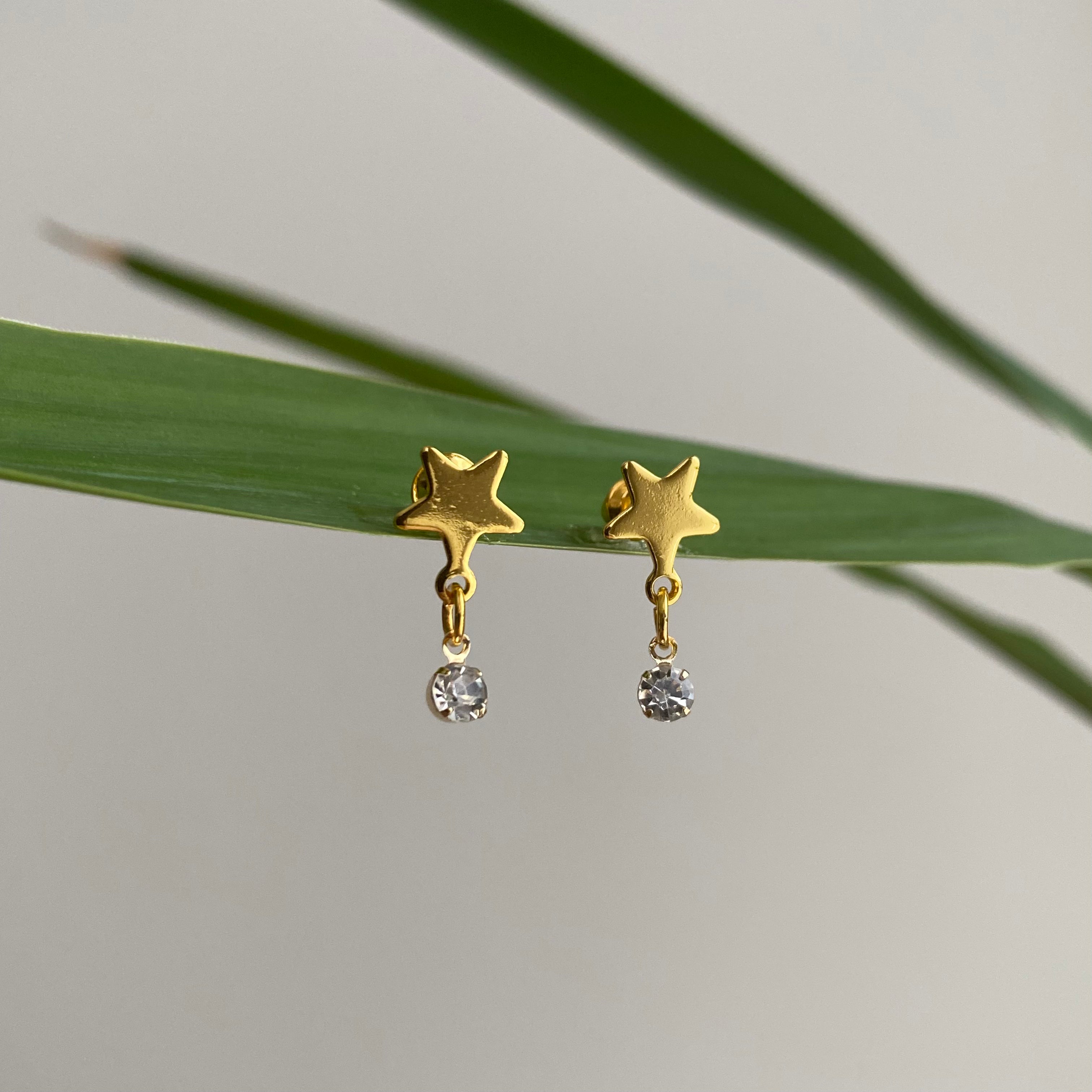 Gold Star Studs with Dangle Diamonds Earrings