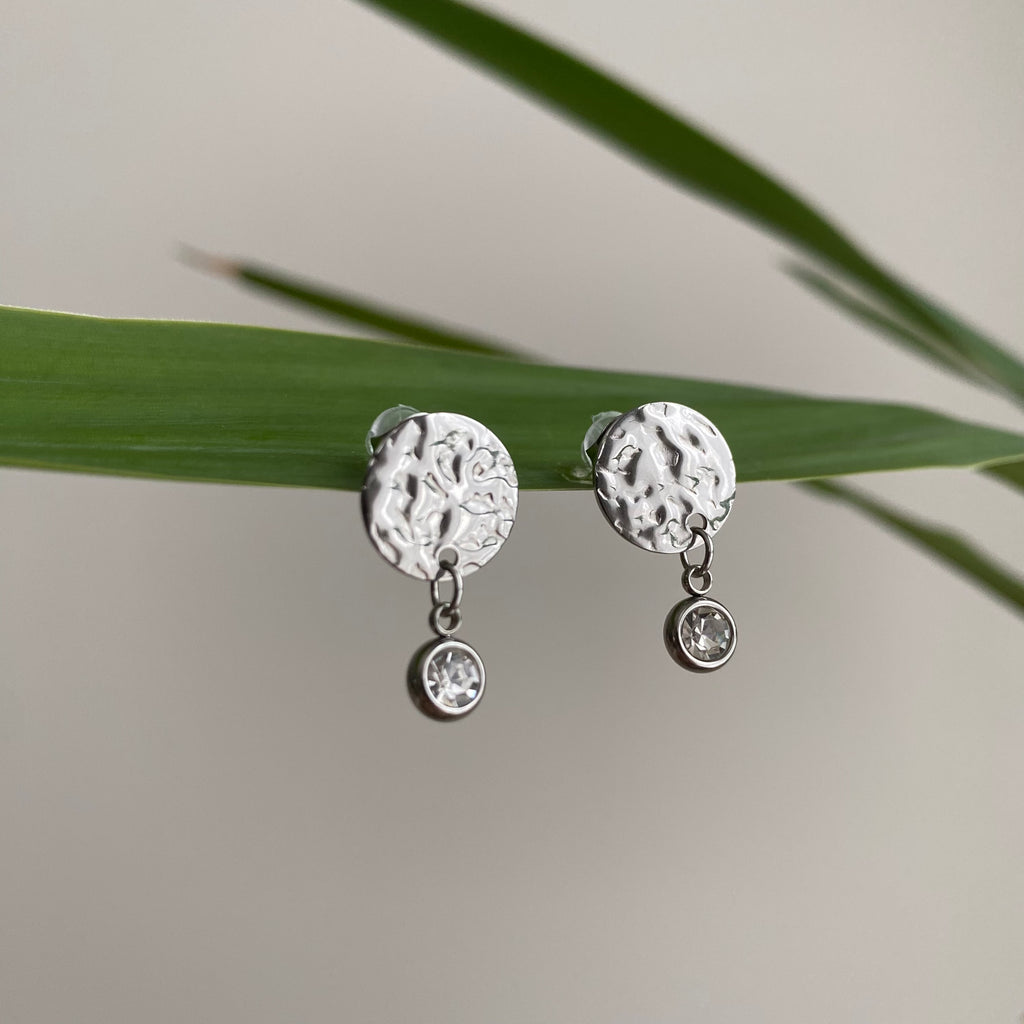 Silver Hammered Circle Drop Studs with Dangle Diamonds Earrings