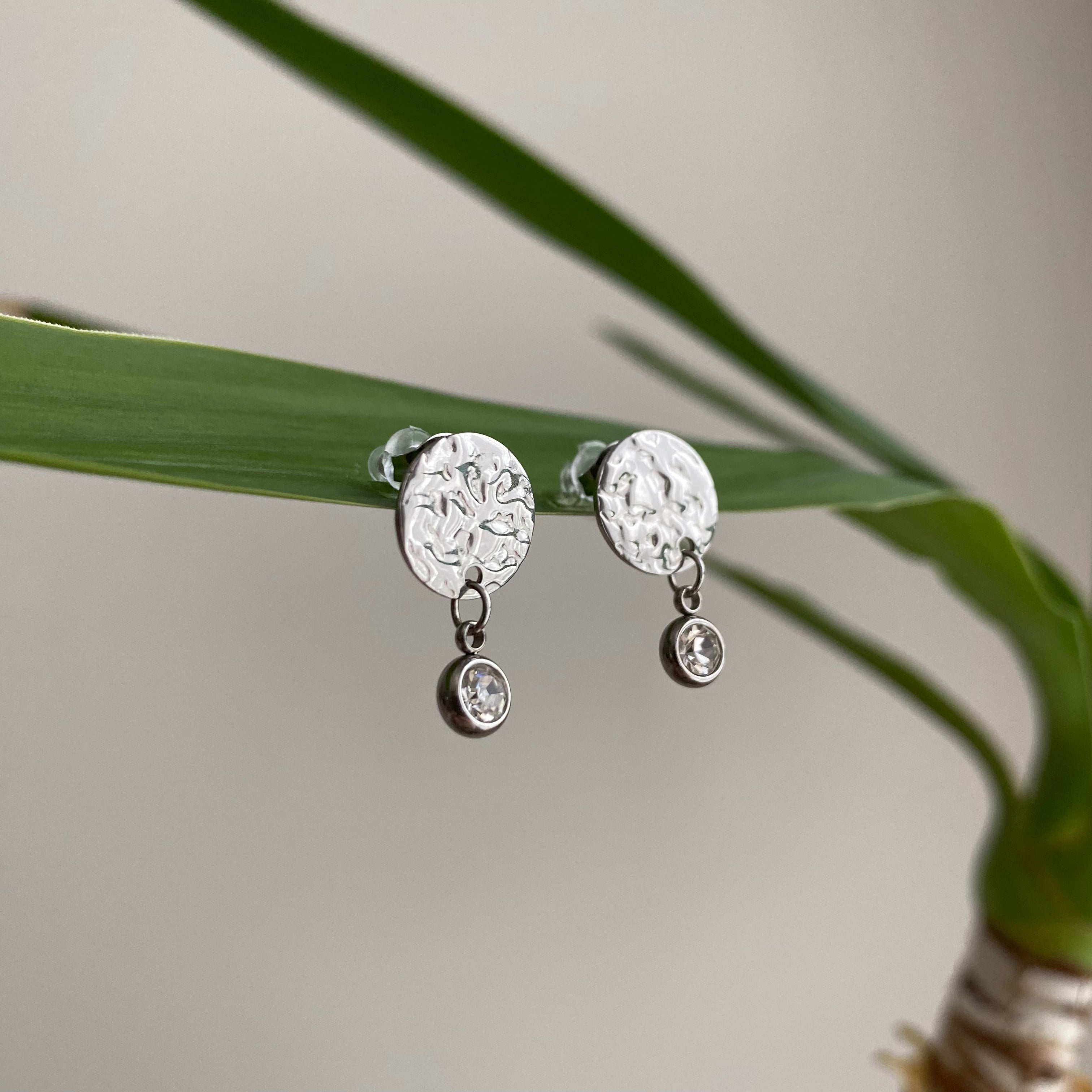 Silver Hammered Circle Drop Studs with Dangle Diamonds Earrings