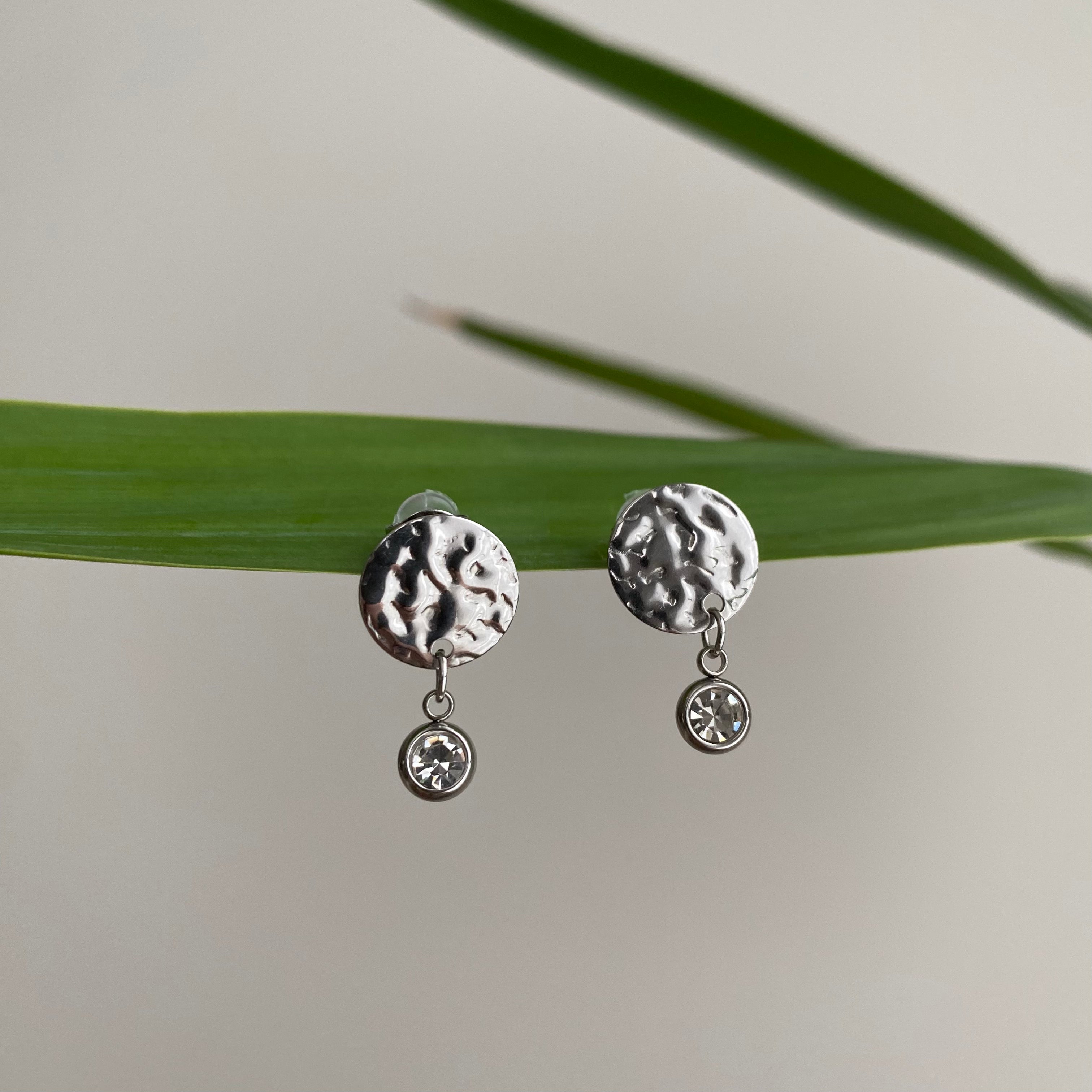 Silver Hammered Circle Drop Studs with Dangle Diamonds Earrings